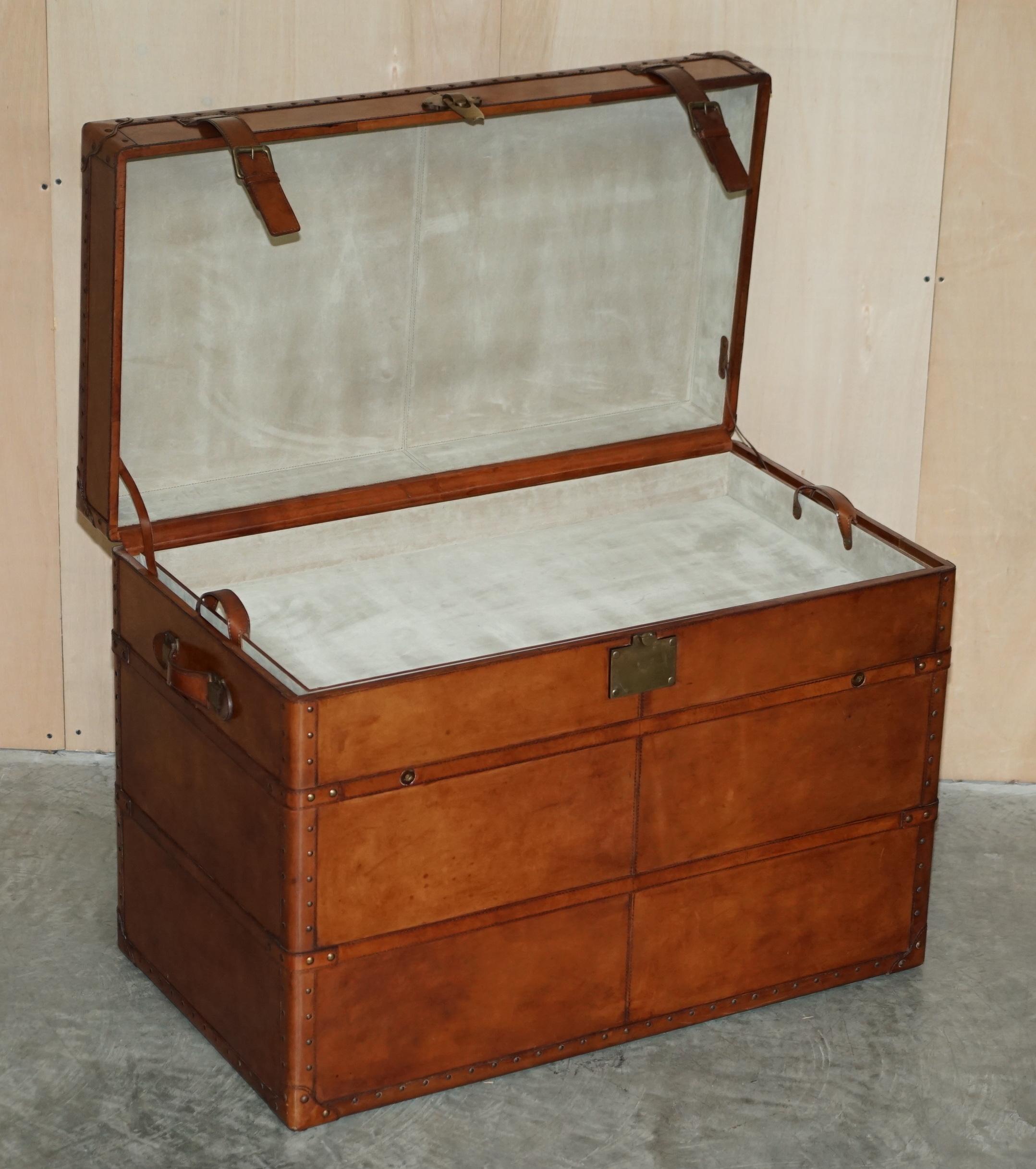 Large Vintage Age Brown Leather Bound Steamer Linen Trunk with Velvet Lining 6