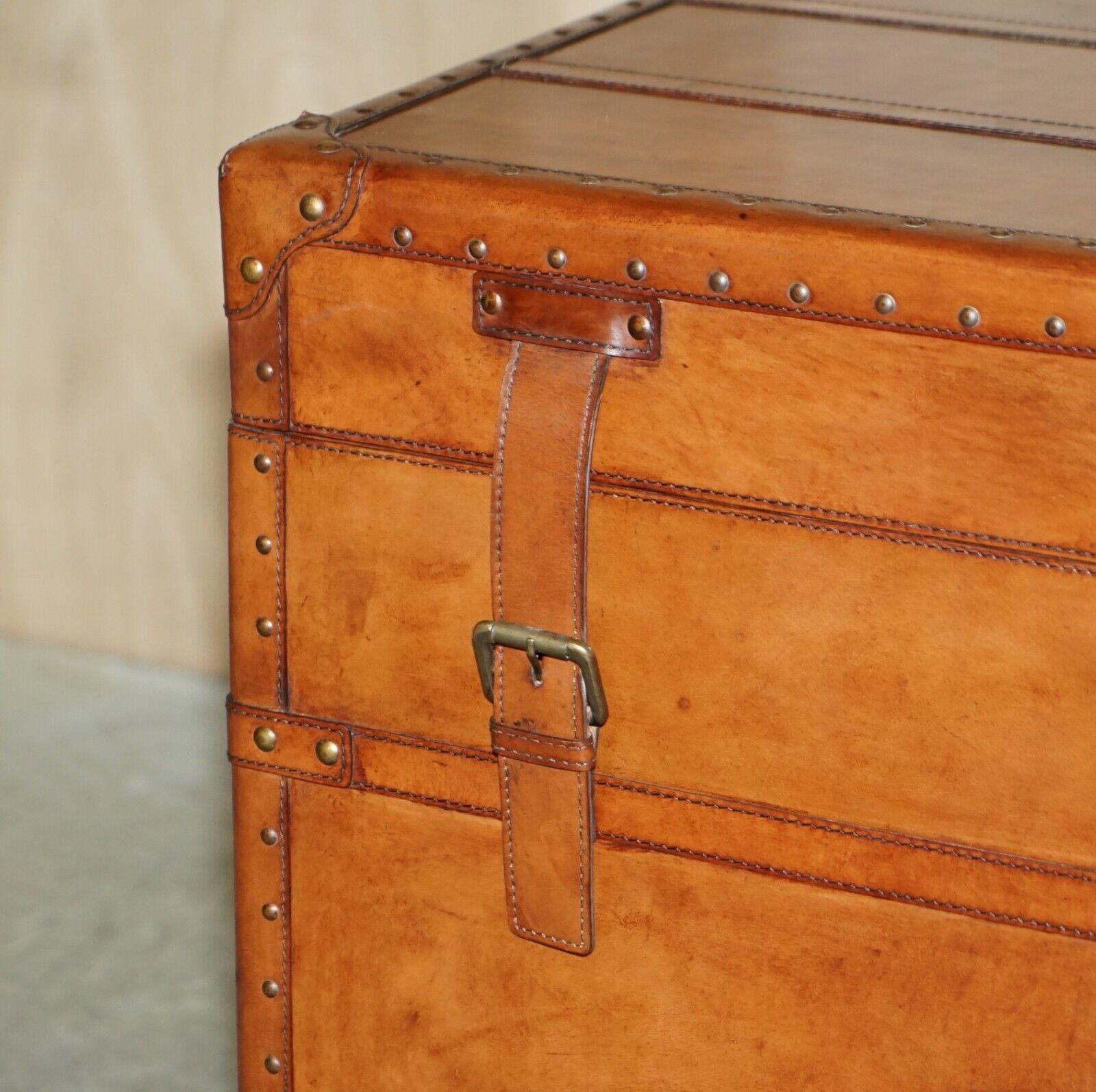 We are delighted to offer for sale this lovely vintage brown leather steamer storage trunk or chest

A good looking and very decorative chest, ideally suited for storing linens or as a coffee table, I can have a glass top made if the new owners
