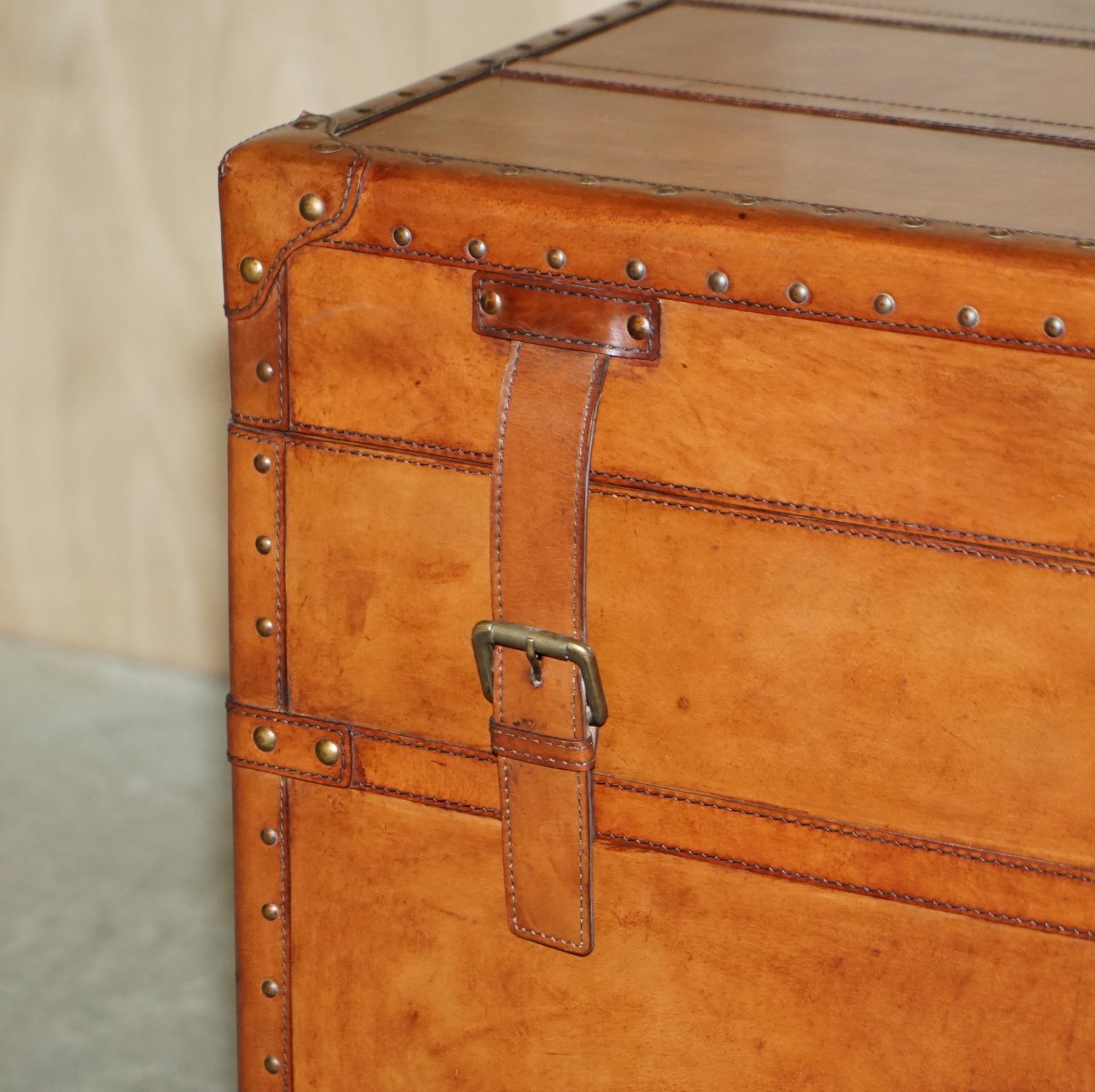 Victorian Large Vintage Age Brown Leather Bound Steamer Linen Trunk with Velvet Lining