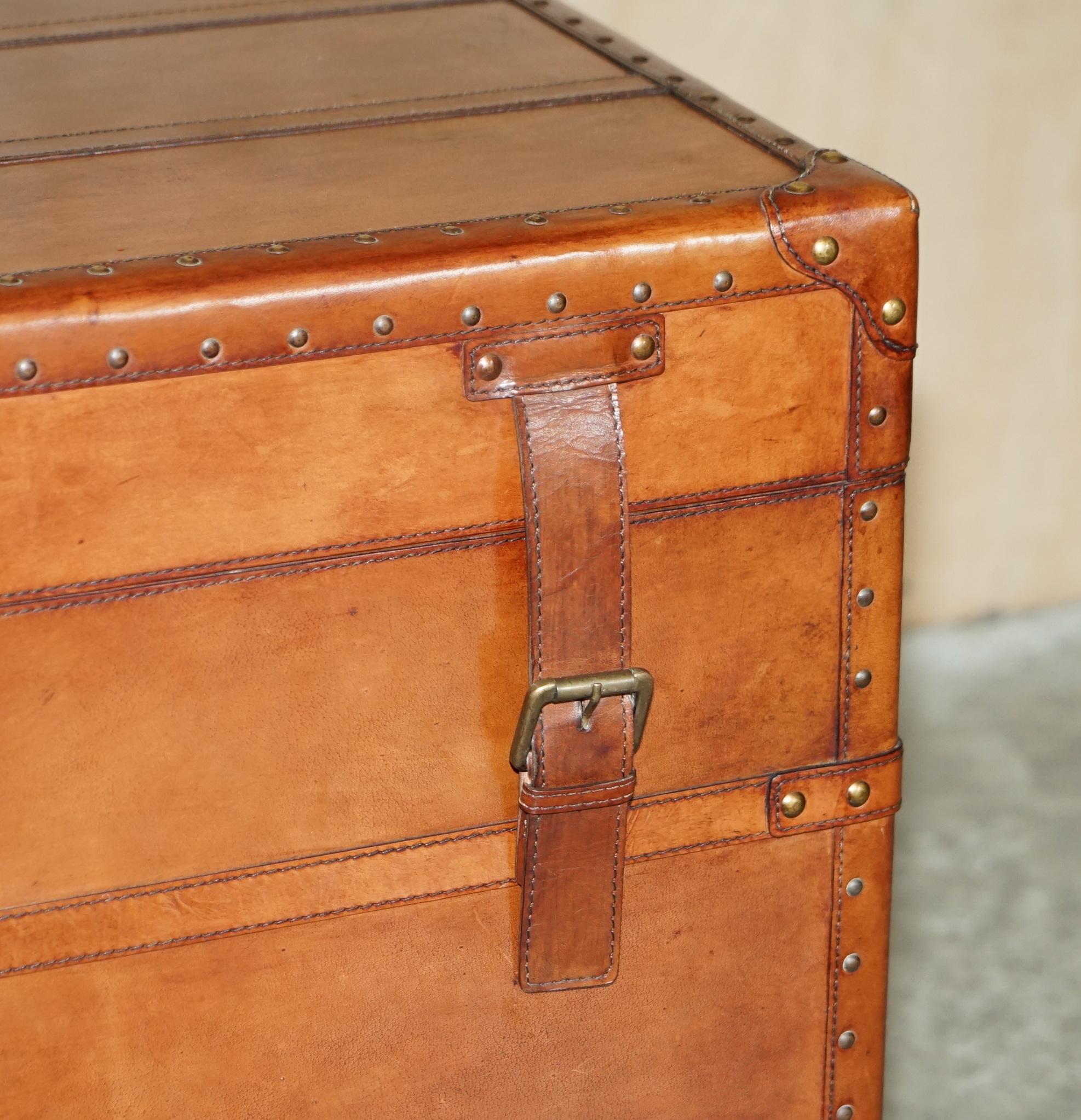 Hand-Crafted Large Vintage Age Brown Leather Bound Steamer Linen Trunk with Velvet Lining