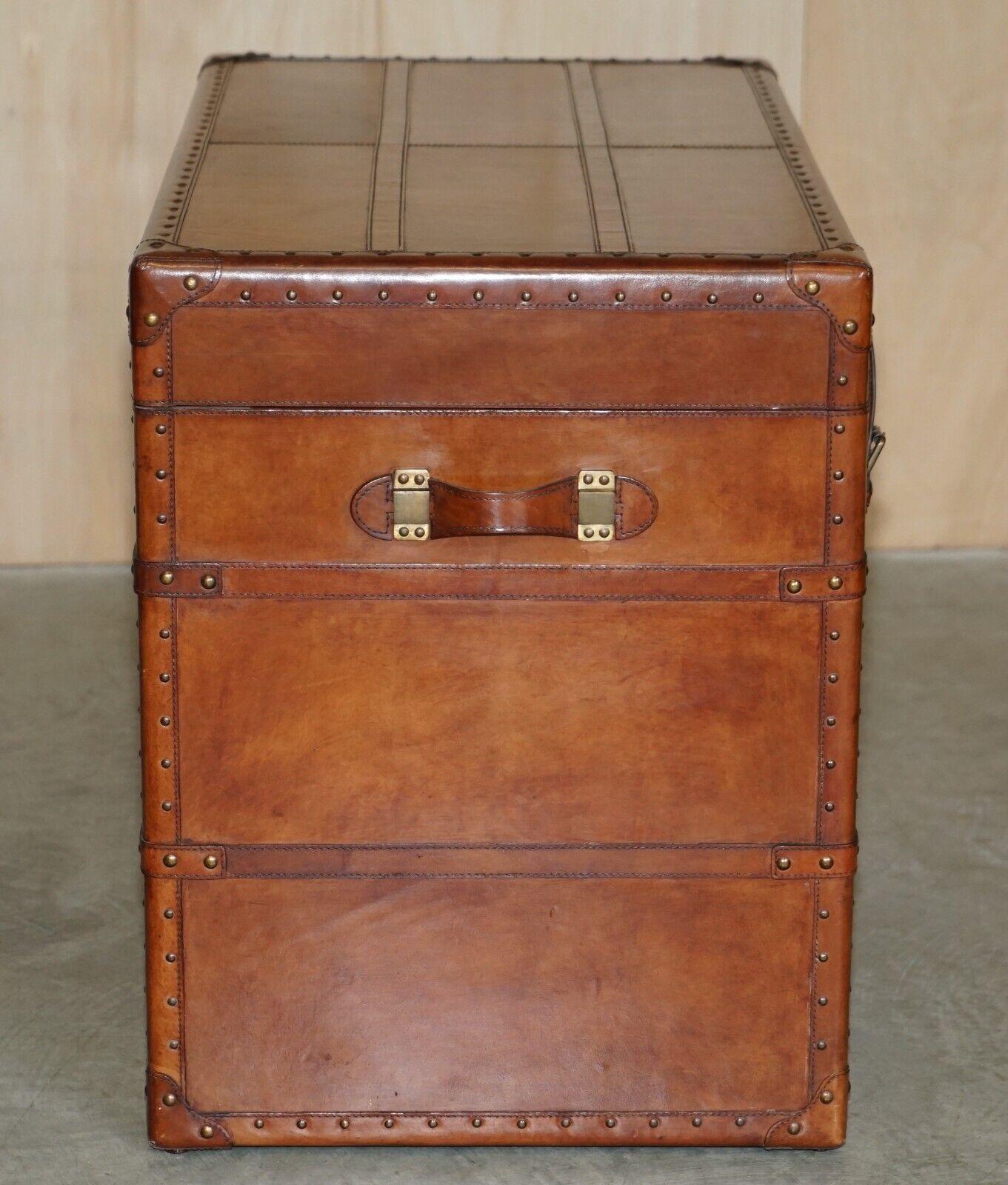 Hand-Crafted Large Vintage Age Brown Leather Bound Steamer Linen Trunk with Velvet Lining