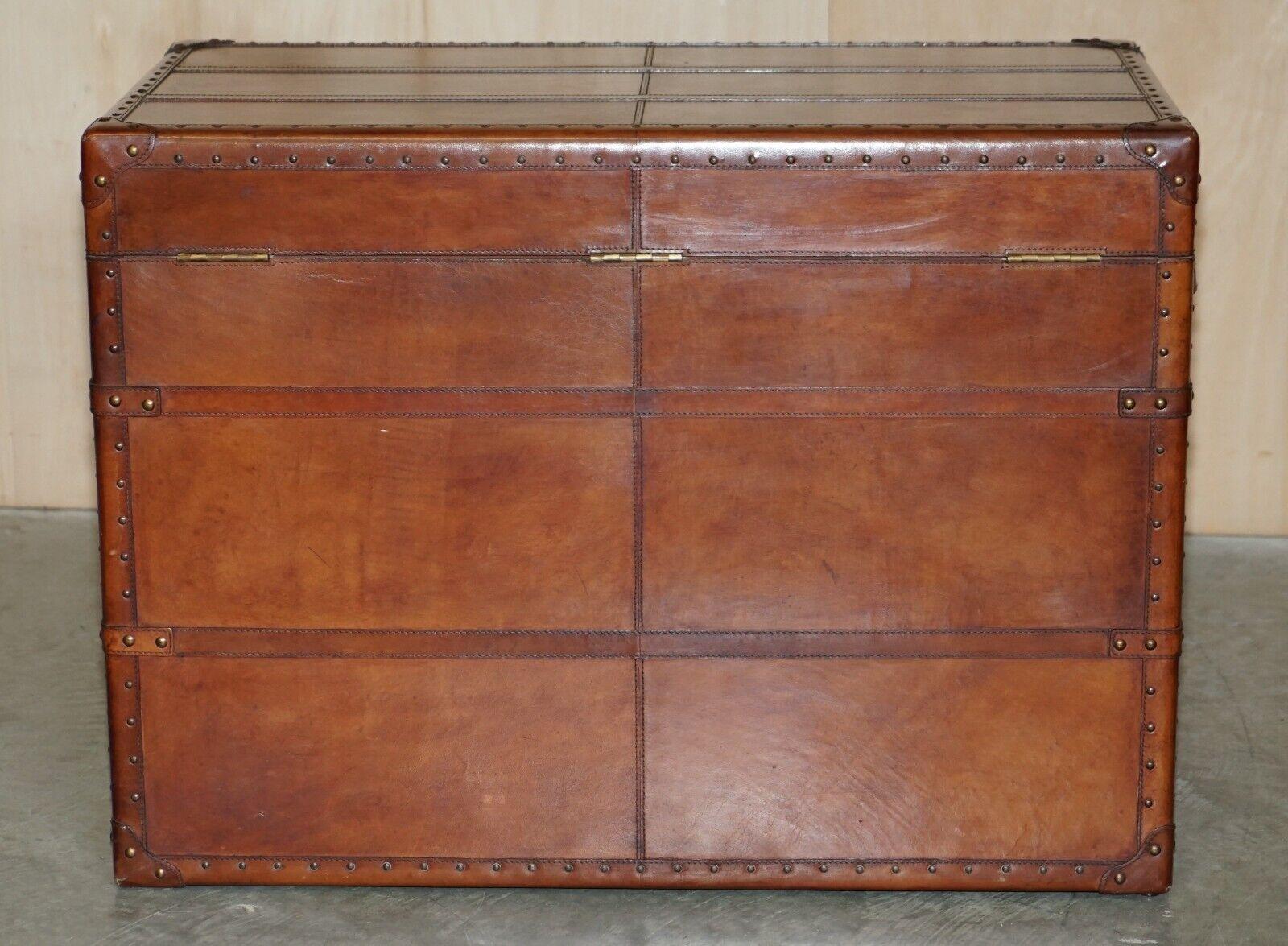 Large Vintage Age Brown Leather Bound Steamer Linen Trunk with Velvet Lining 1