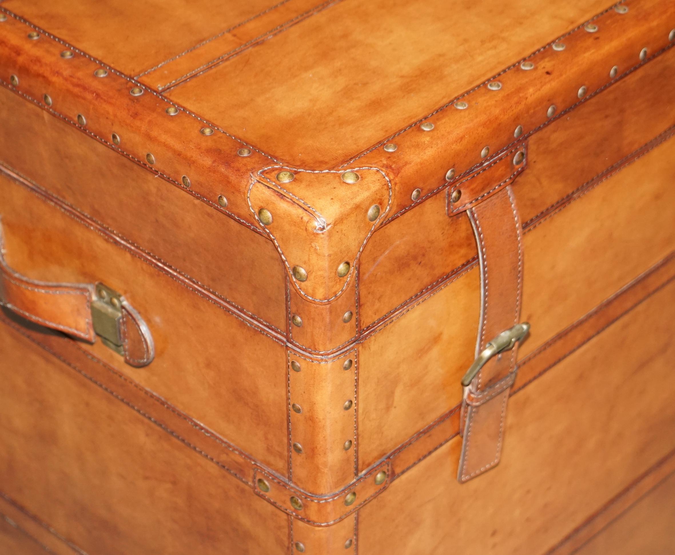 Large Vintage Age Brown Leather Bound Steamer Linen Trunk with Velvet Lining 1