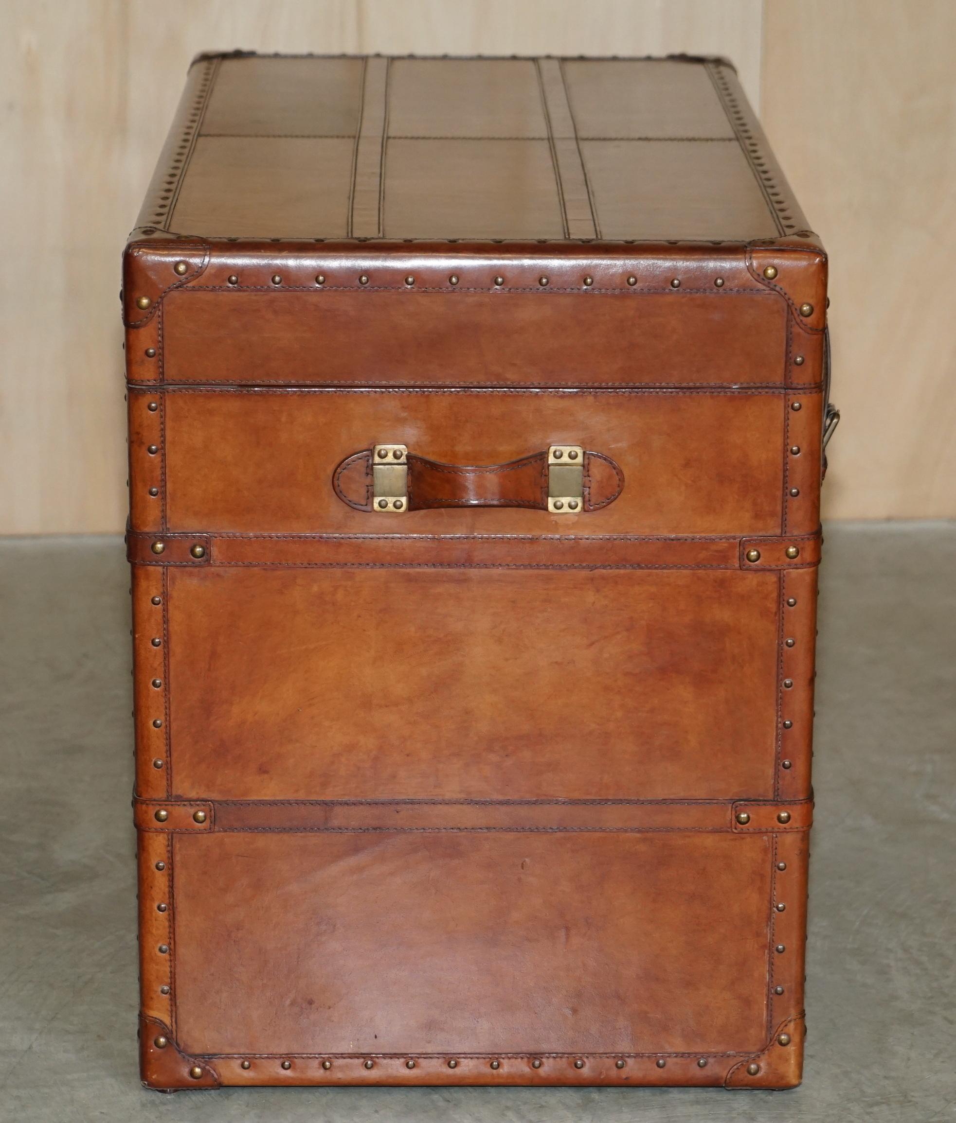 Large Vintage Age Brown Leather Bound Steamer Linen Trunk with Velvet Lining 2