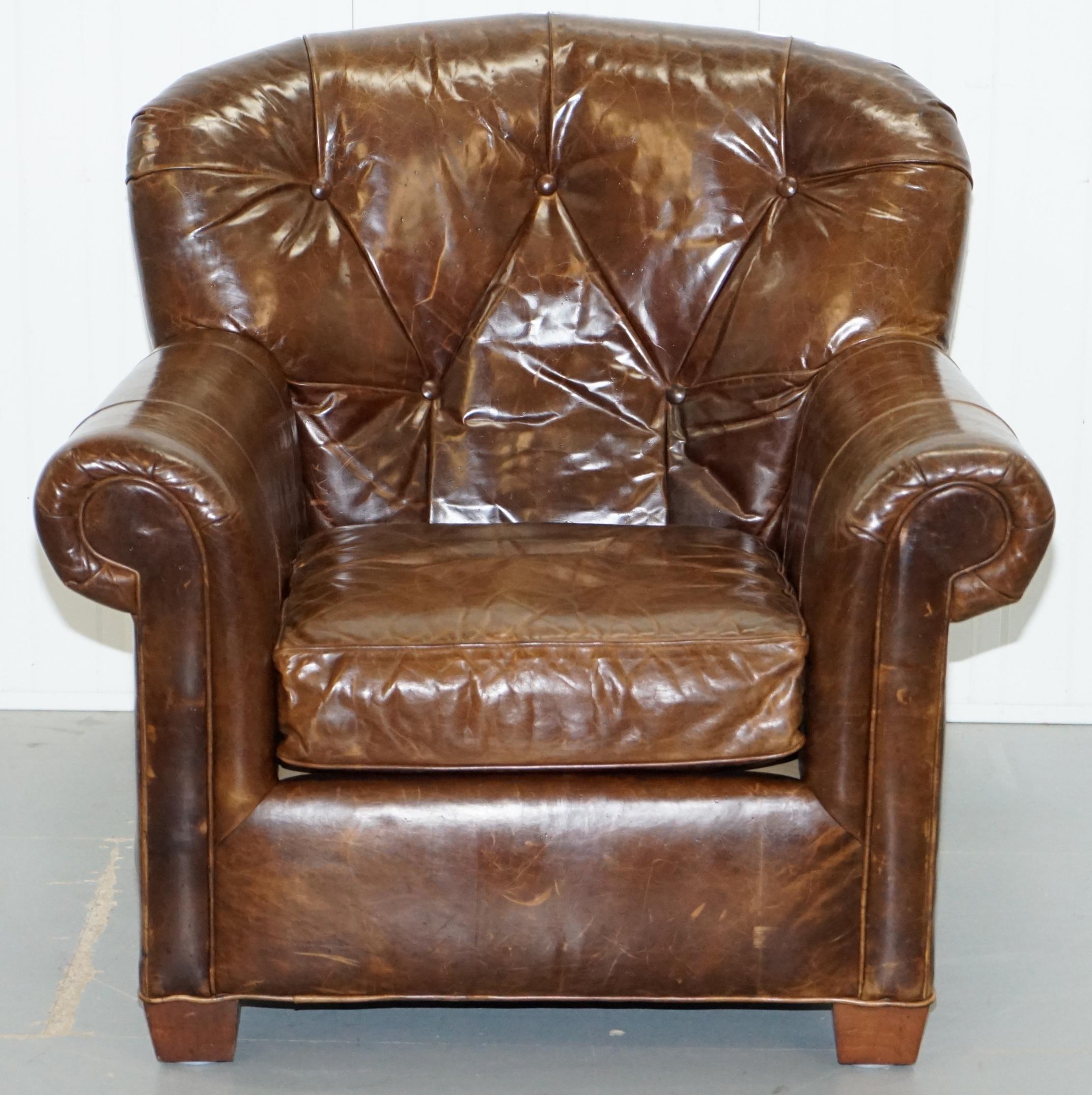 We are delighted to offer for sale this vintage Heritage leather Ralph Lauren club armchair

A very good looking and now discontinued oversized armchair, Ralph Lauren was one of the first companies to start using this very thick distressed looking