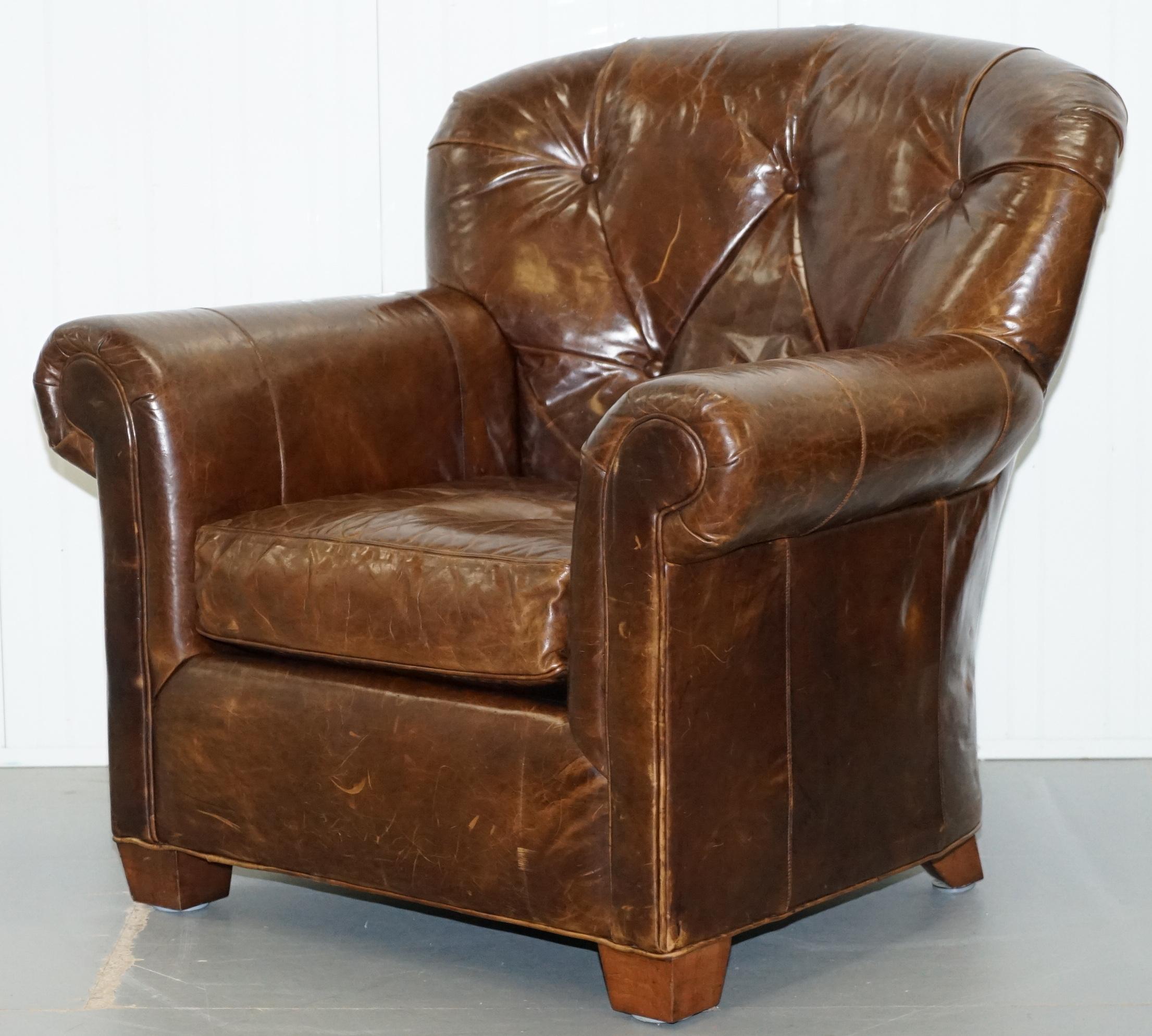 Modern Large Vintage Aged Brown Leather Ralph Lauren Club Armchair Heritage Upholstery