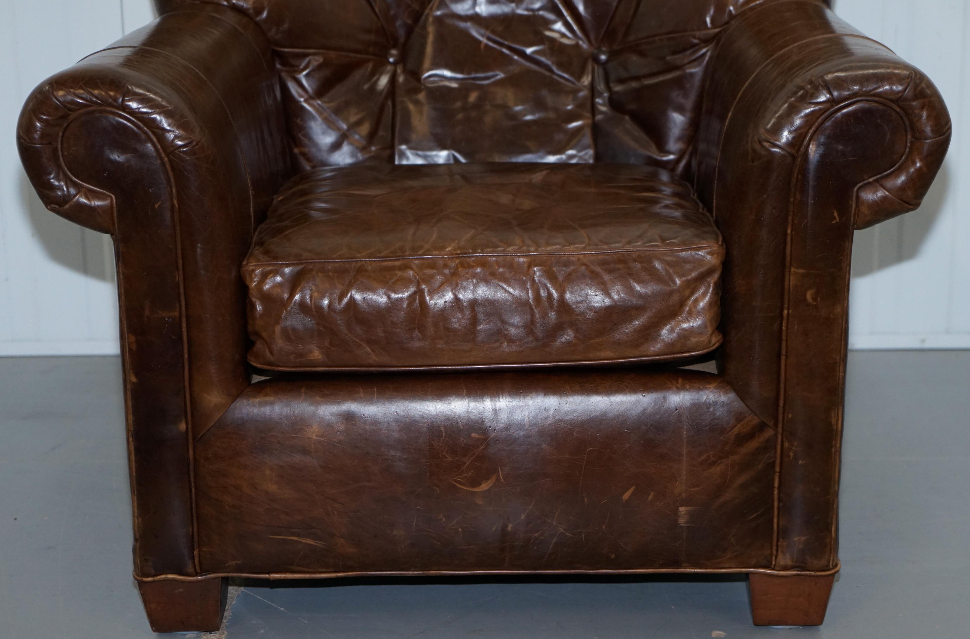Large Vintage Aged Brown Leather Ralph Lauren Club Armchair Heritage Upholstery 3