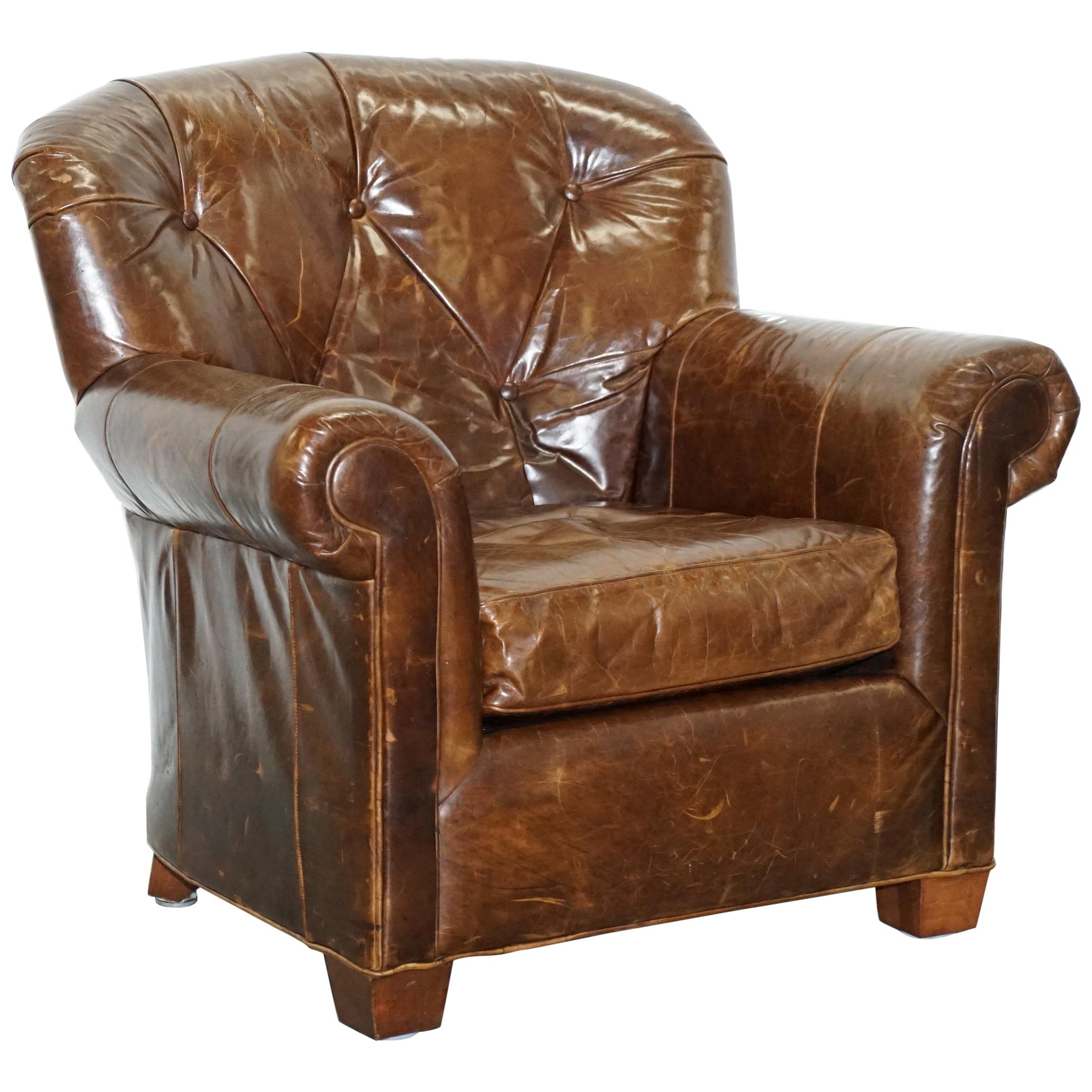 Large Vintage Aged Brown Leather Ralph Lauren Club Armchair Heritage Upholstery