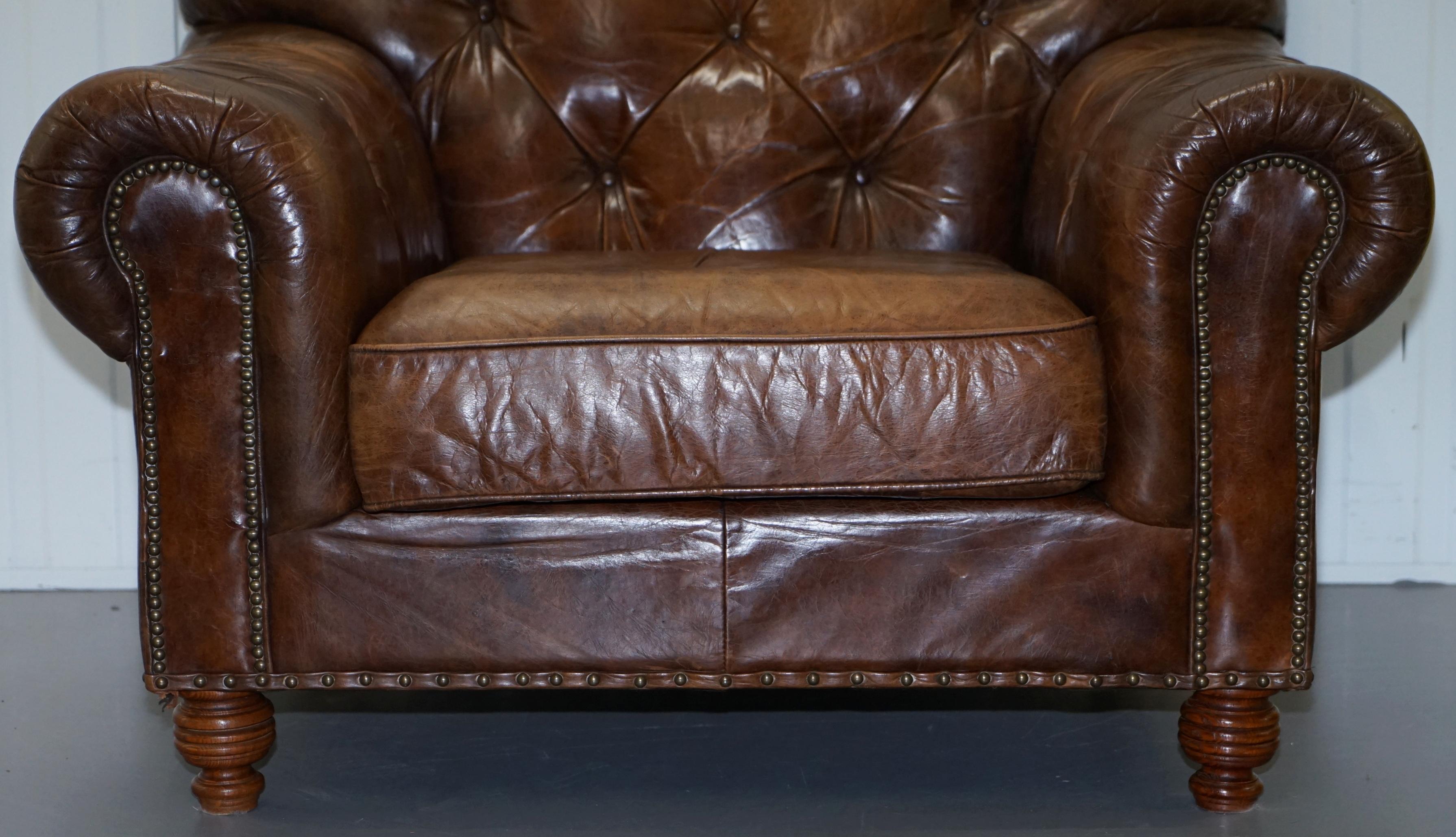 Large Vintage Aged Heritage Brown Leather Chesterfield Armchair Comfortable Halo 2
