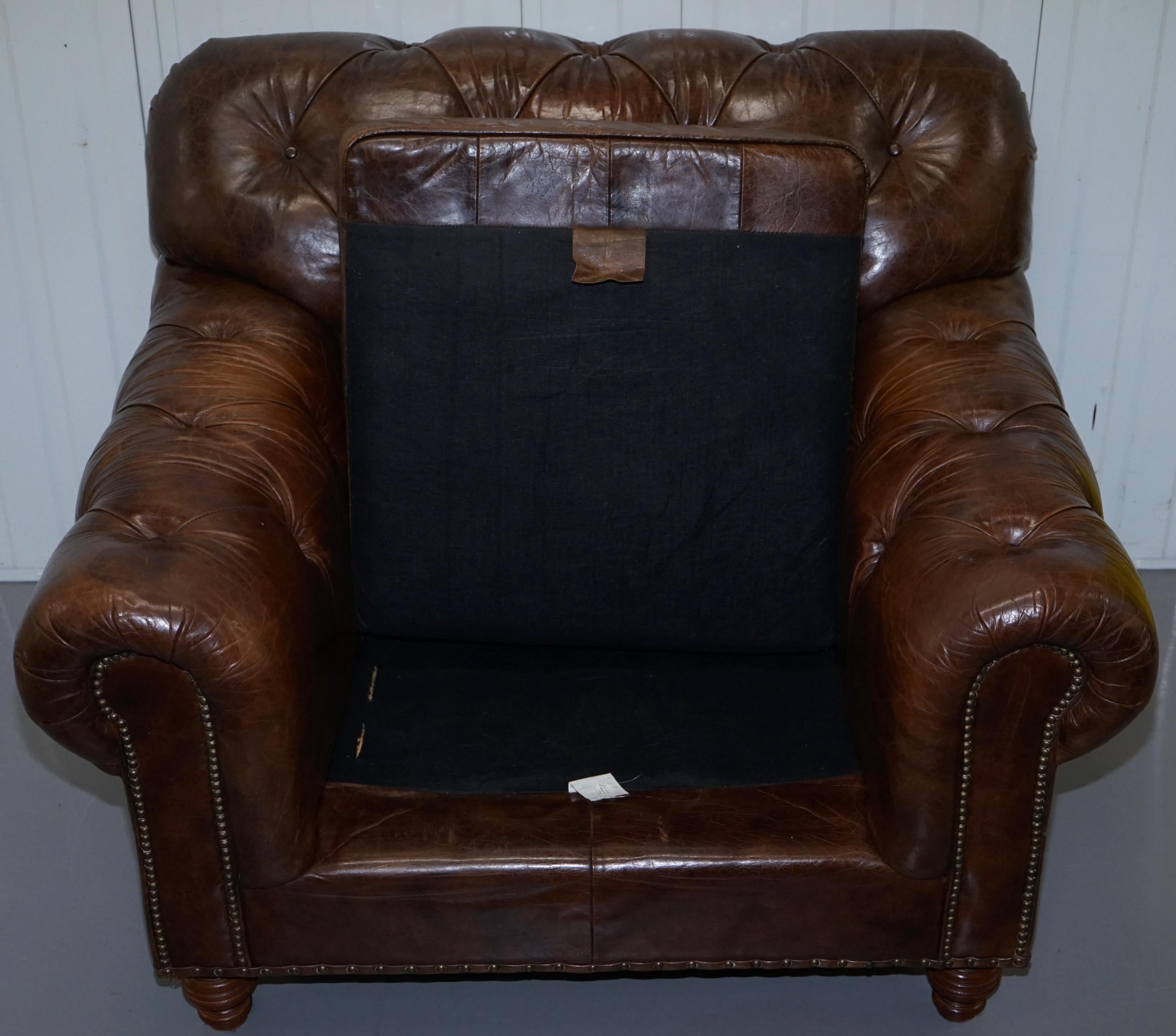 Large Vintage Aged Heritage Brown Leather Chesterfield Armchair Comfortable Halo 6