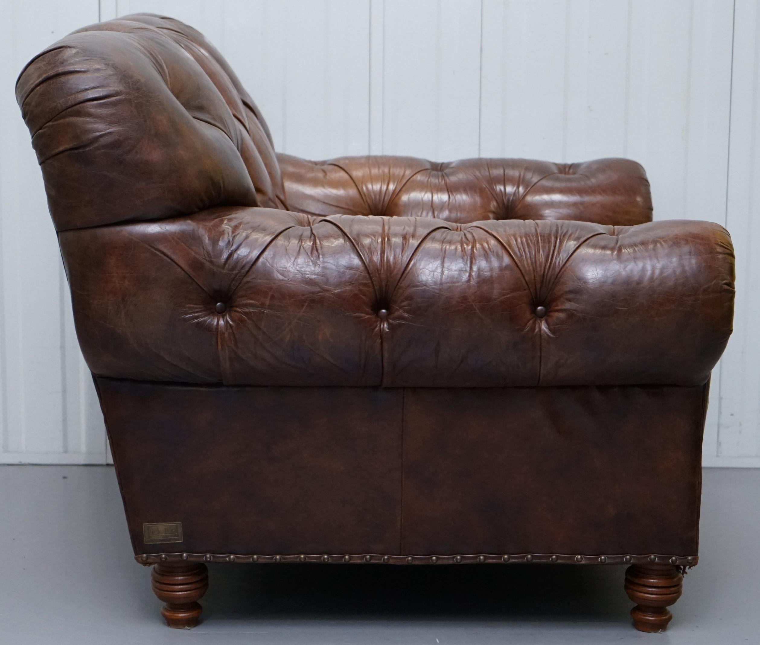 Large Vintage Aged Heritage Brown Leather Chesterfield Armchair Comfortable Halo 7