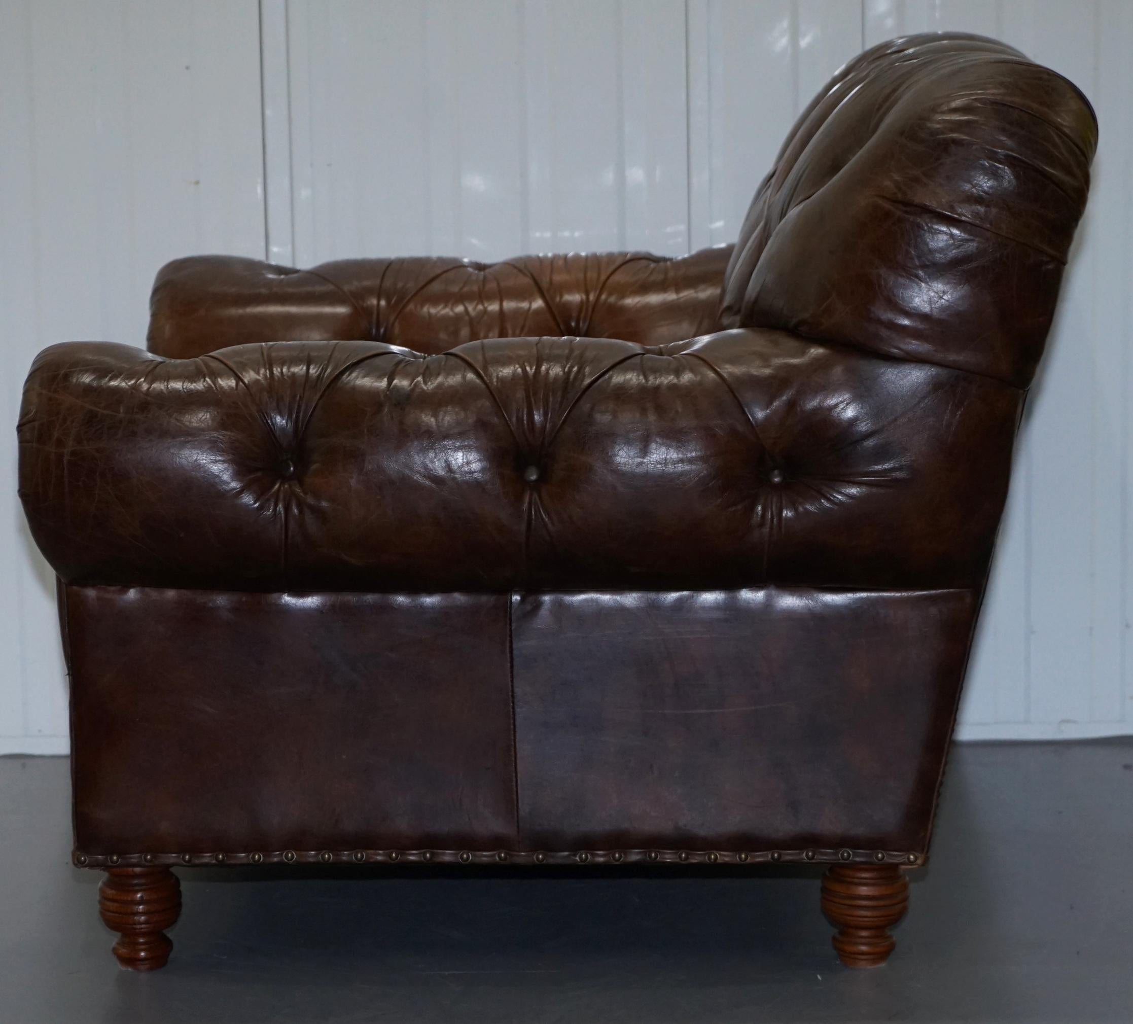 Large Vintage Aged Heritage Brown Leather Chesterfield Armchair Comfortable Halo 10