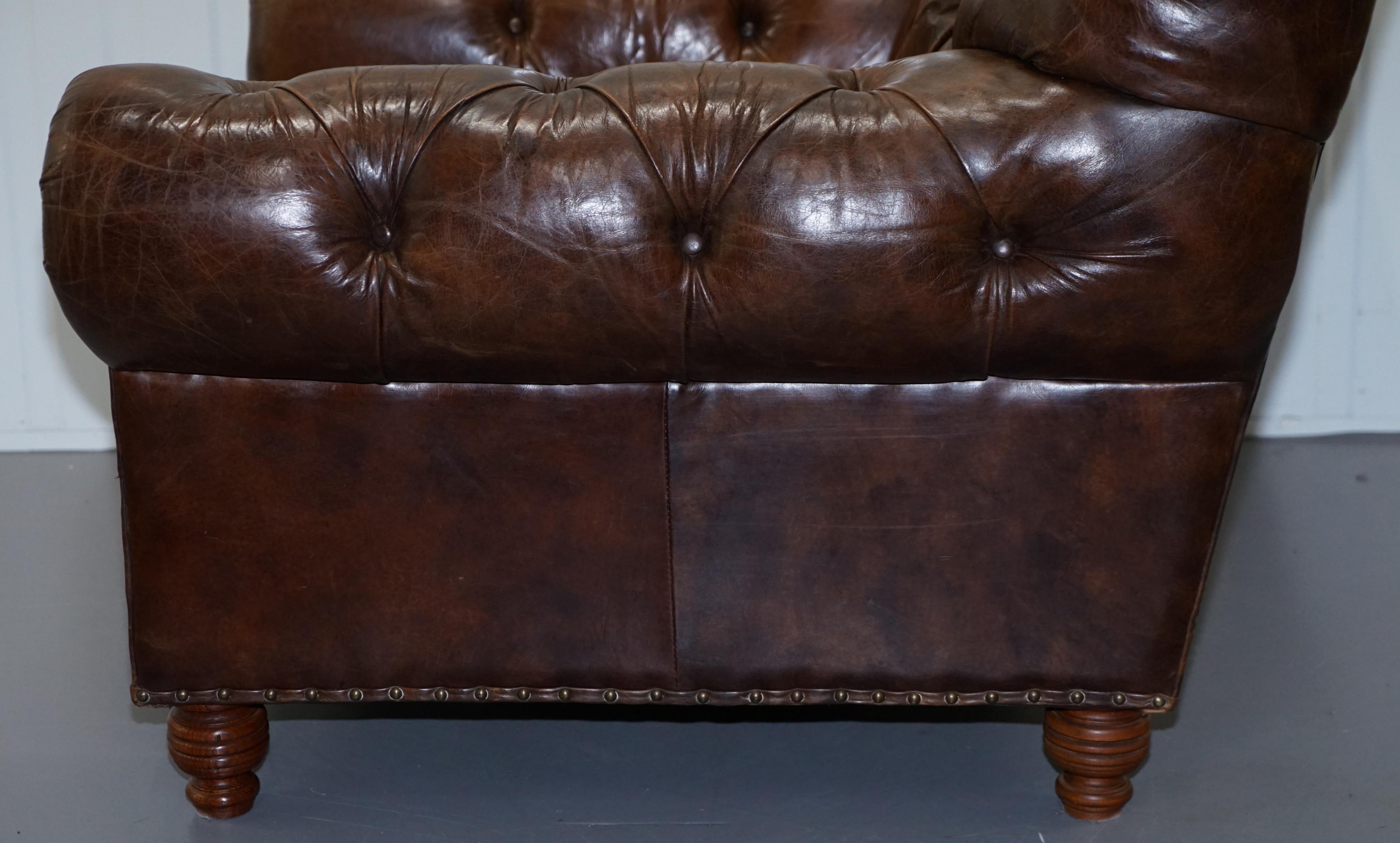 Large Vintage Aged Heritage Brown Leather Chesterfield Armchair Comfortable Halo 11