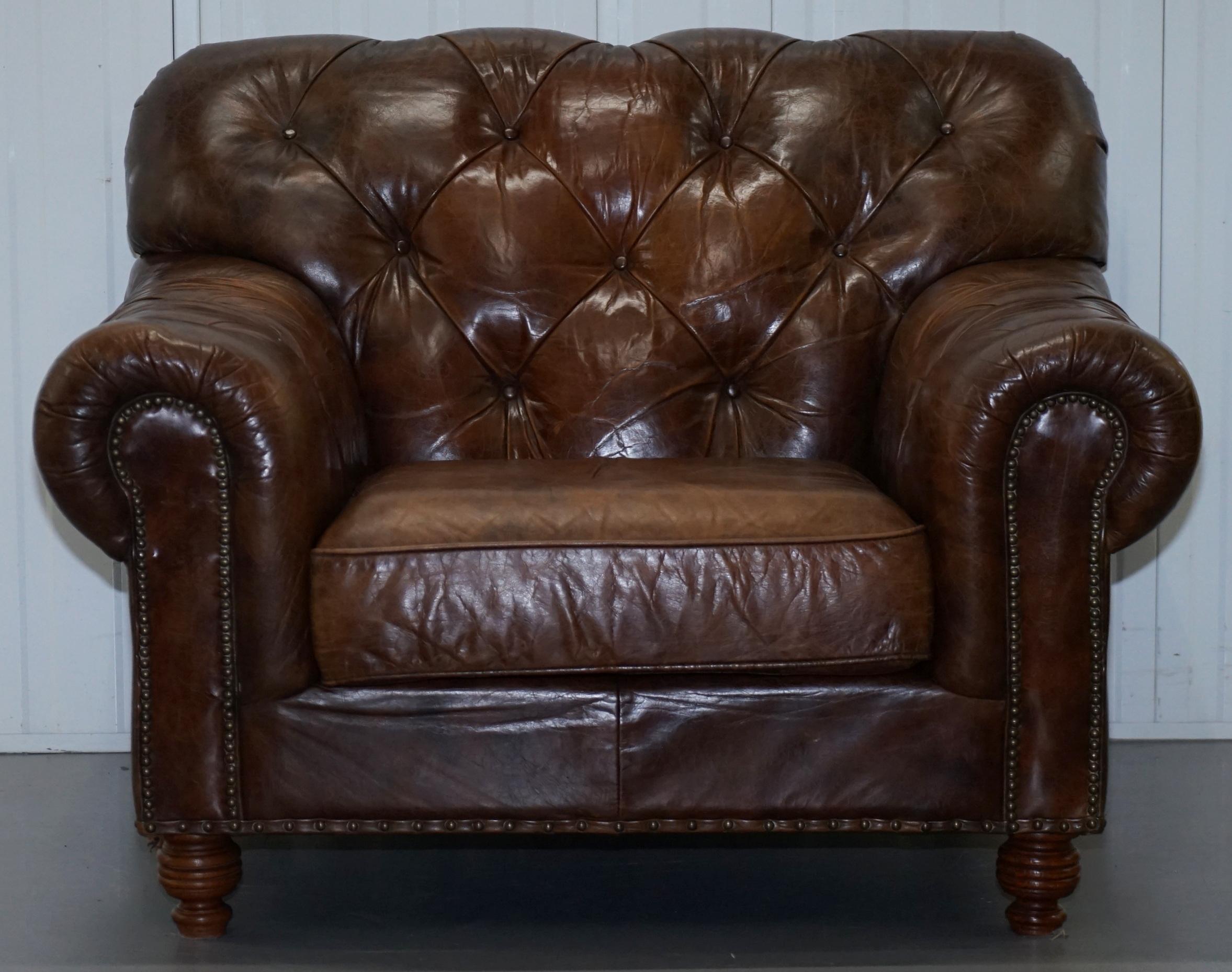 We are delighted to offer for sale this stunning oversized Chesterfield aged brown heritage leather Halo club armchair

A very good looking and large armchair, the leather has been hand dyed six times to achieve this lovely vintage distressed look