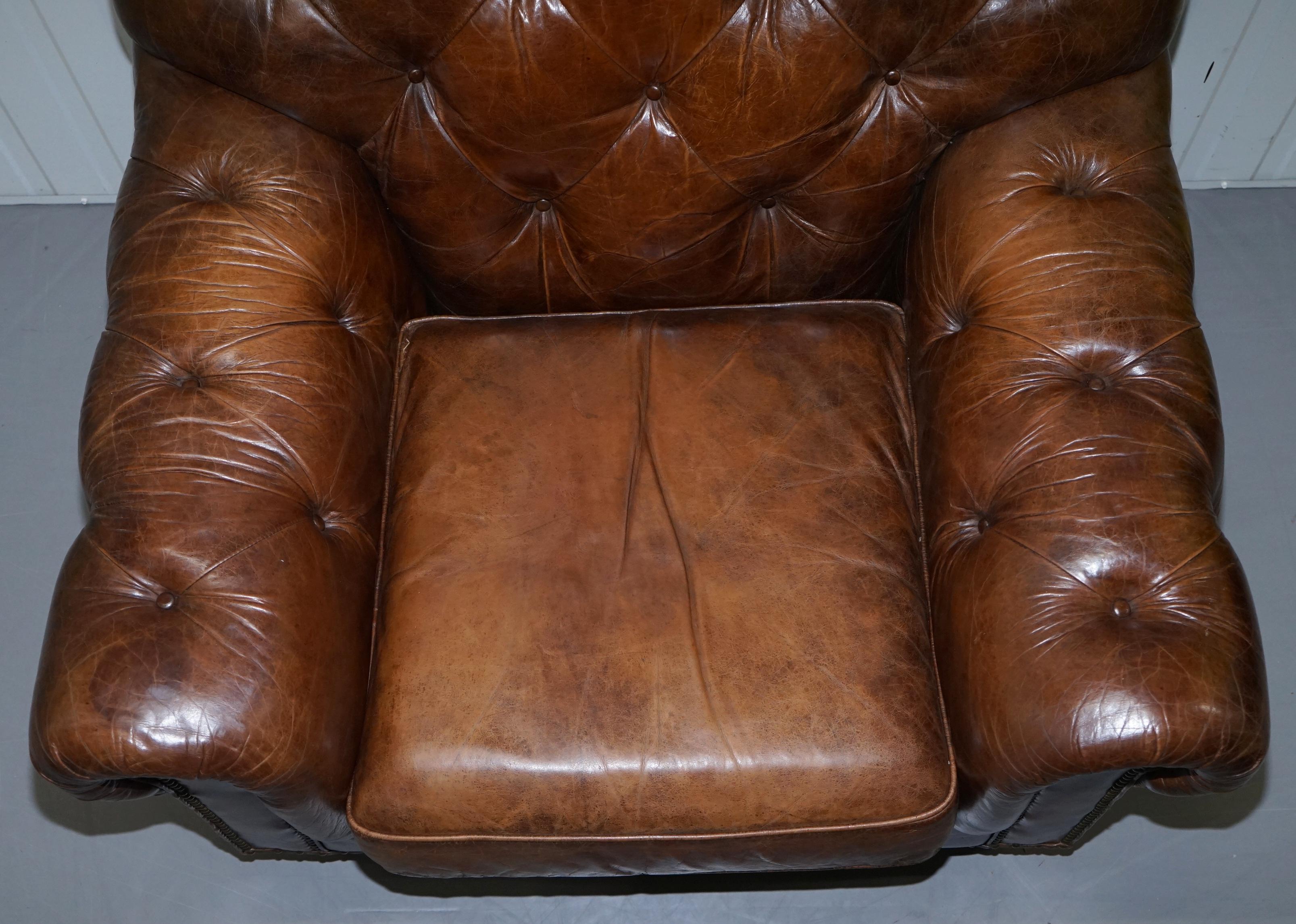 English Large Vintage Aged Heritage Brown Leather Chesterfield Armchair Comfortable Halo