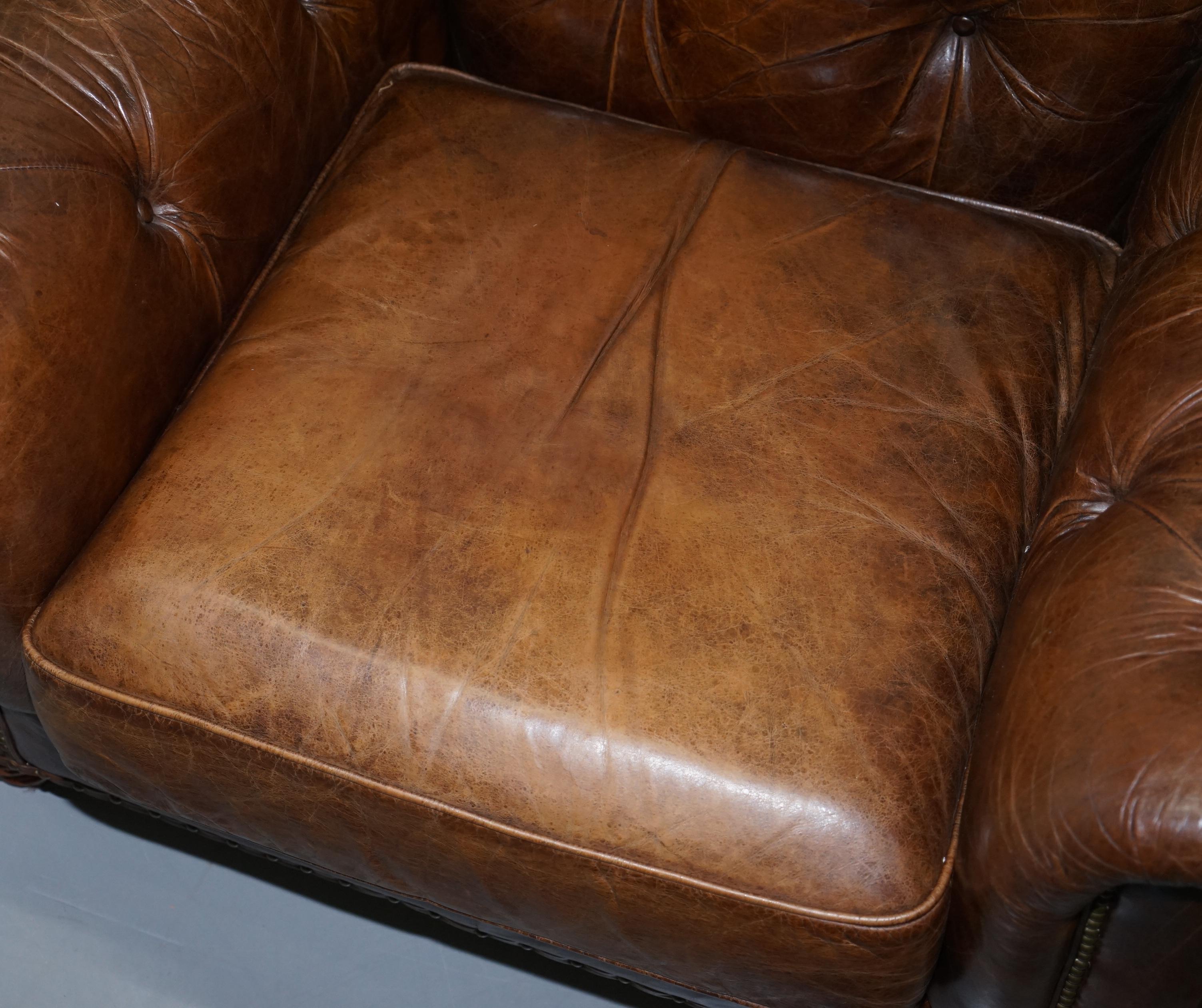 20th Century Large Vintage Aged Heritage Brown Leather Chesterfield Armchair Comfortable Halo