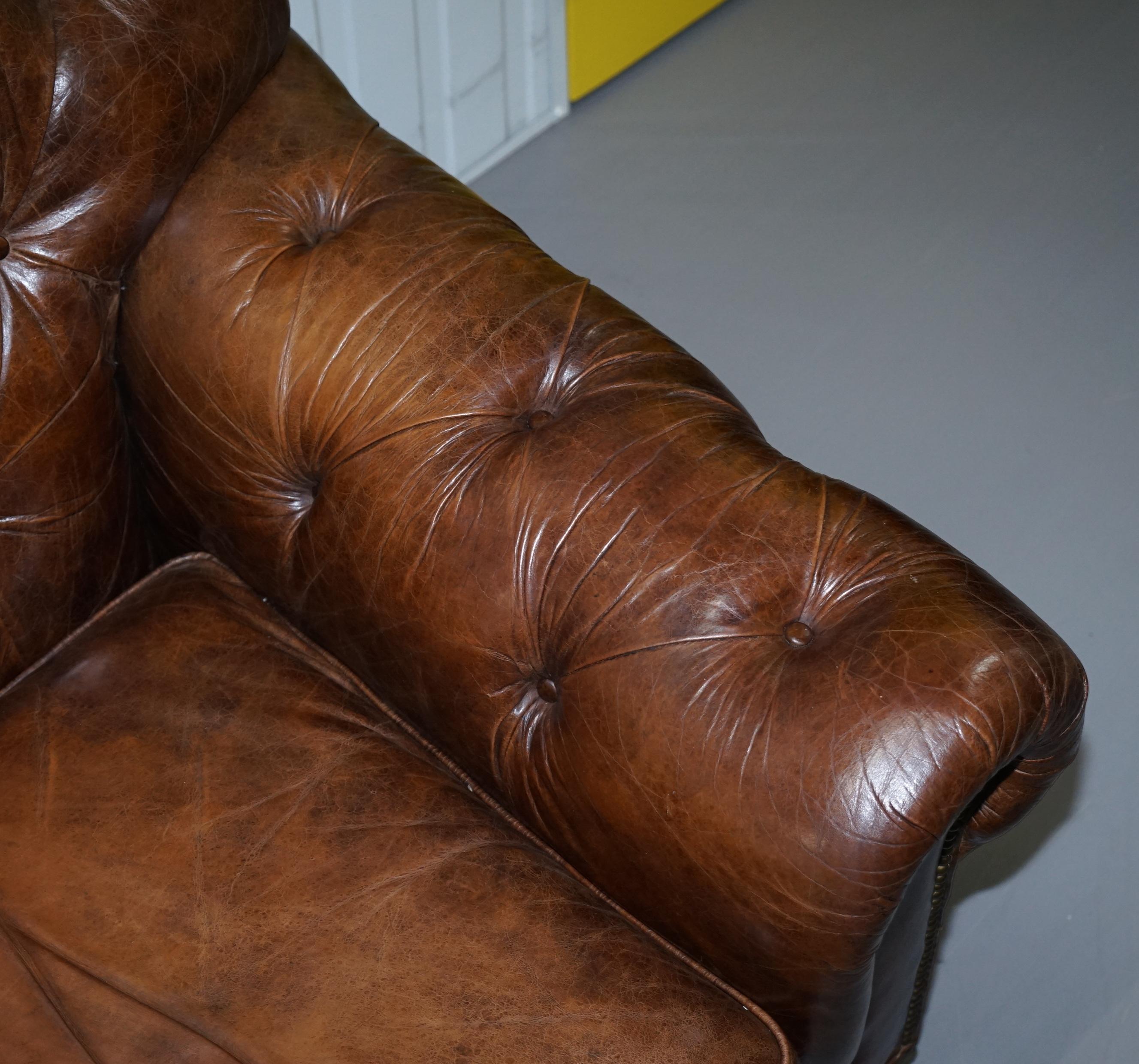 Large Vintage Aged Heritage Brown Leather Chesterfield Armchair Comfortable Halo 1