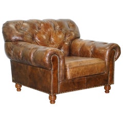 Large Vintage Aged Heritage Brown Leather Chesterfield Armchair Comfortable Halo