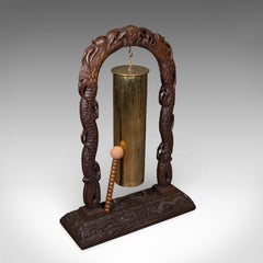 Large Vintage Alarm Gong, Oriental, Hardwood Chime Stand, Brass, Art Deco, 1930