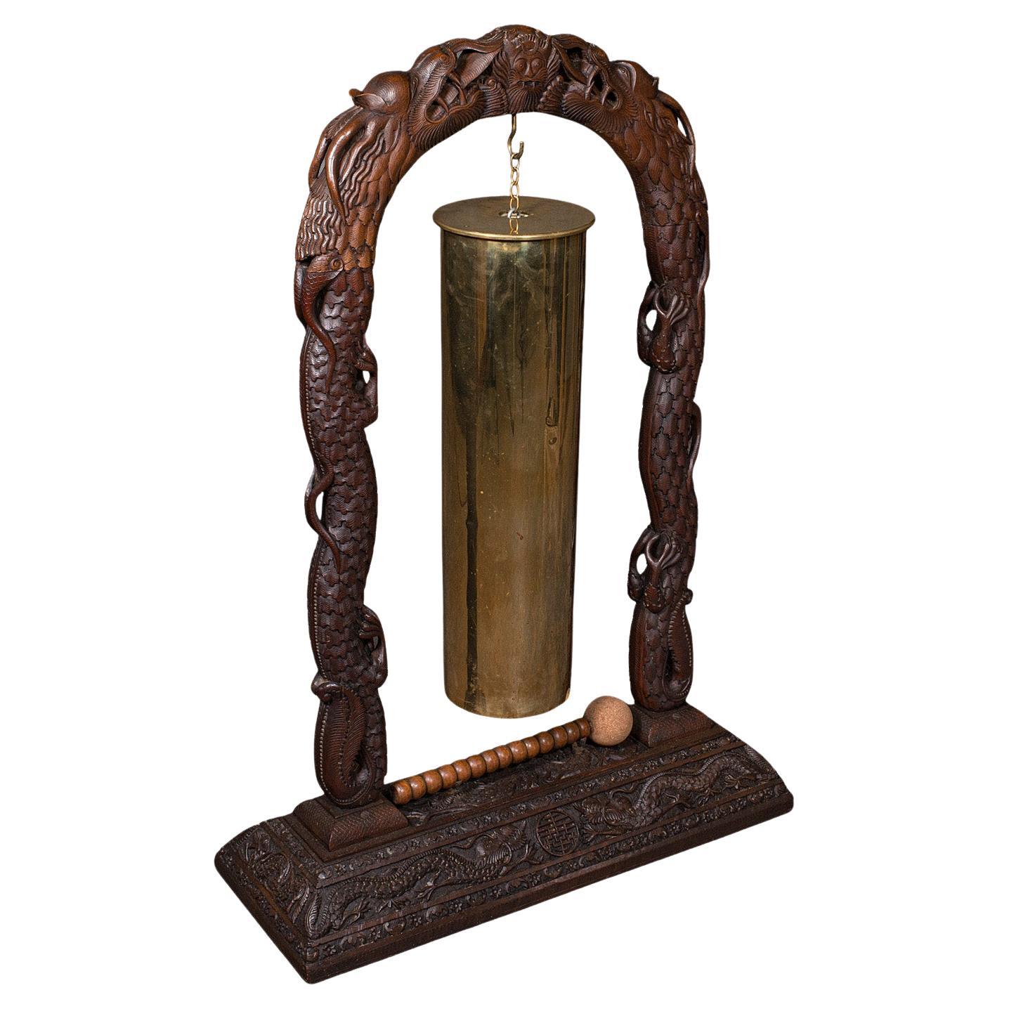 Large Vintage Alarm Gong, Oriental, Hardwood Chime Stand, Brass, Art Deco, 1930