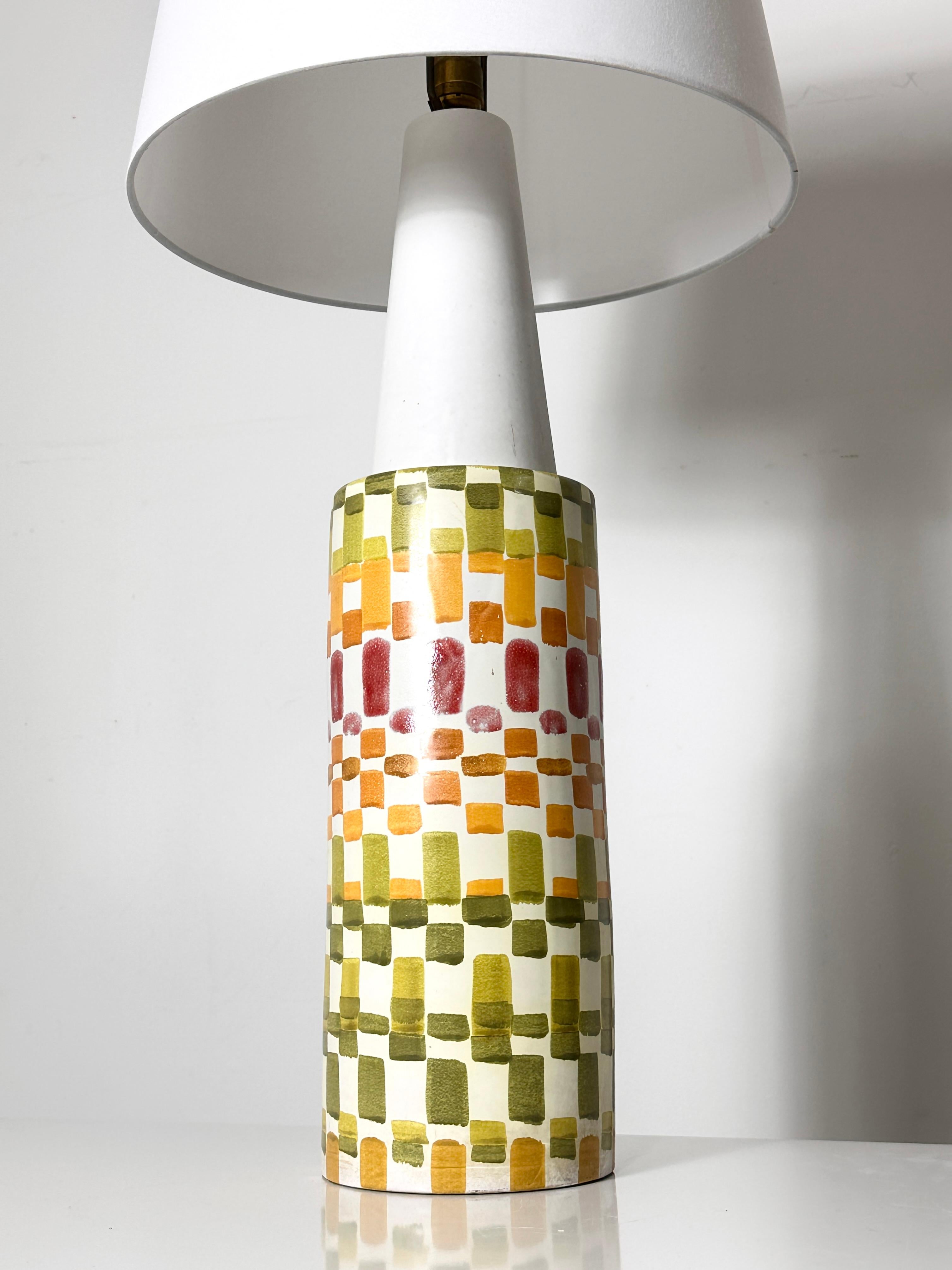 Large Vintage Aldo Londi for Bitossi Hand Painted Colorful Mosaic Table Lamp In Fair Condition For Sale In Troy, MI