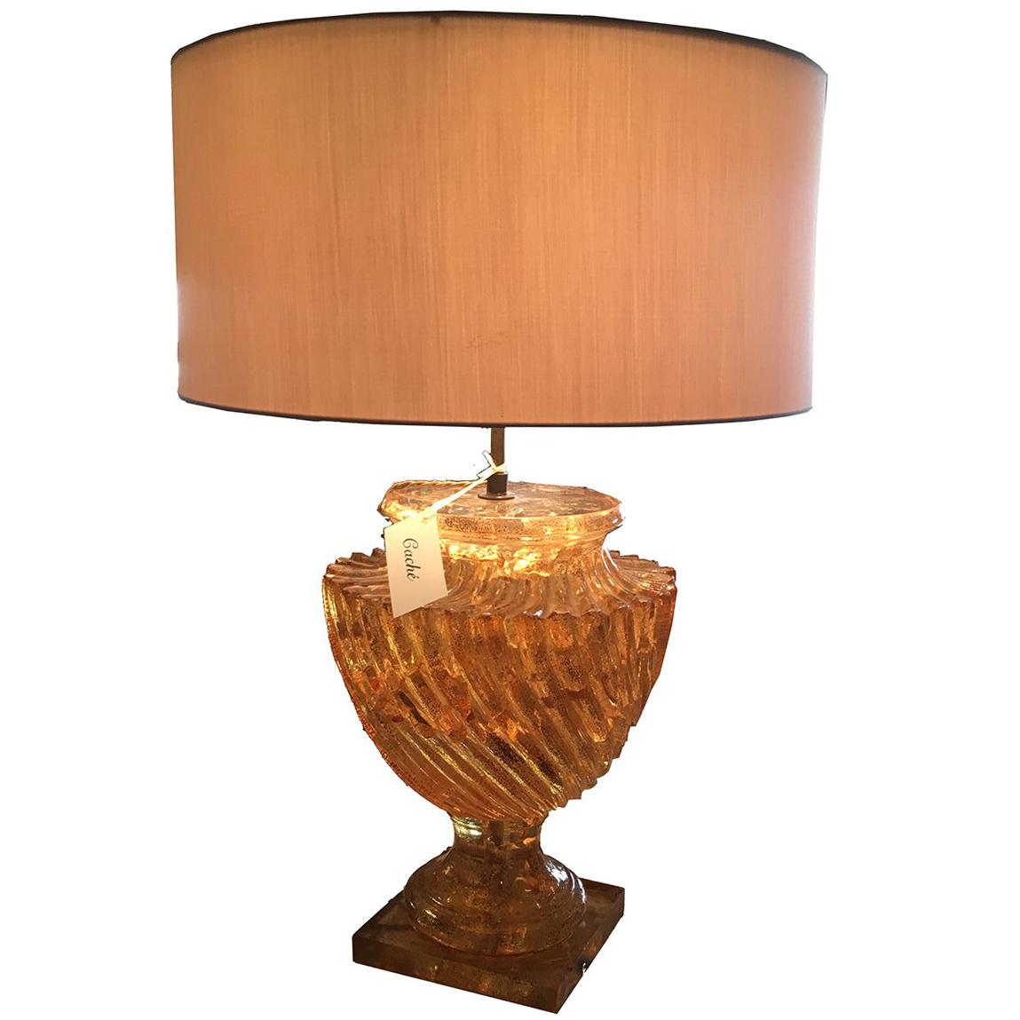 Large Vintage Amber Carved Resin Lamp