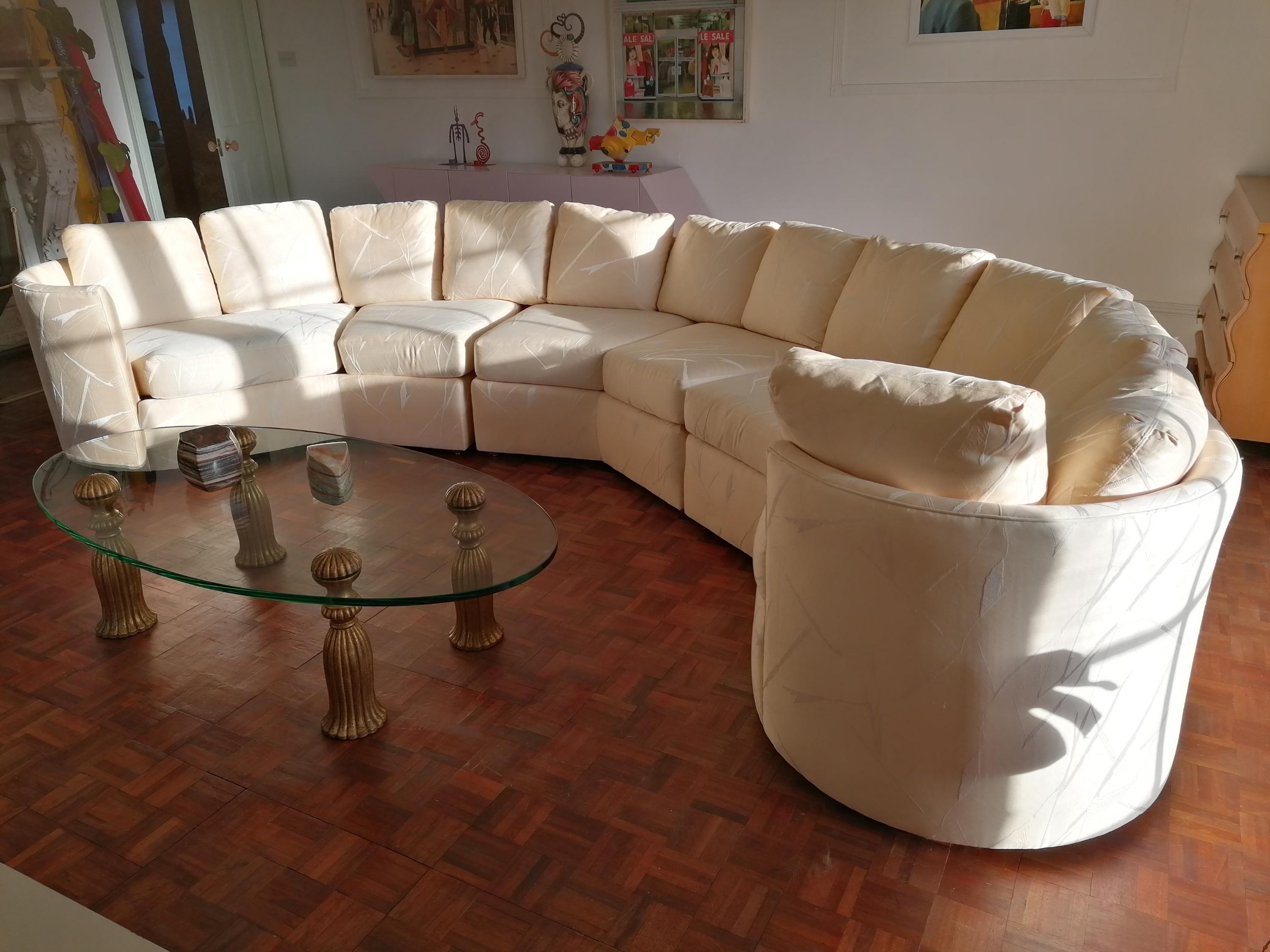 Large sectional sofa by Dansen Contemporary, USA 1984. Comprising 3 angled & curved sections which form a gentle arc. In excellent condition- looks barely used. The heavy duty cream cotton type fabric has embroidered pale cream abstract motifs. A