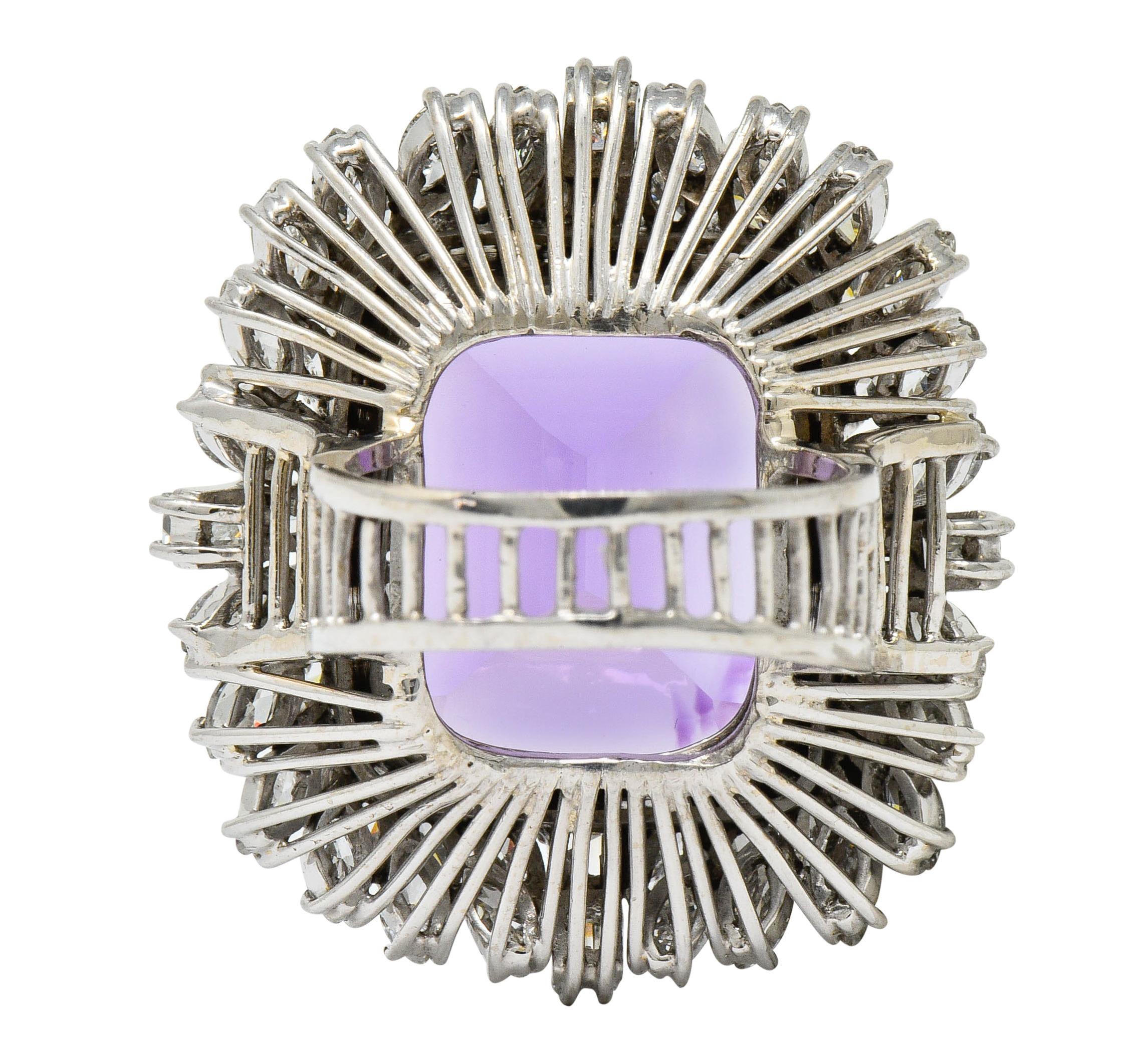 Large Vintage Amethyst 6.00 Carat Diamond 18 Karat White Gold Cluster Ring In Excellent Condition In Philadelphia, PA
