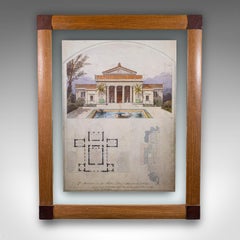Large Vintage Architectural Villa Plan, French, Framed, After Edmond Paulin, Art