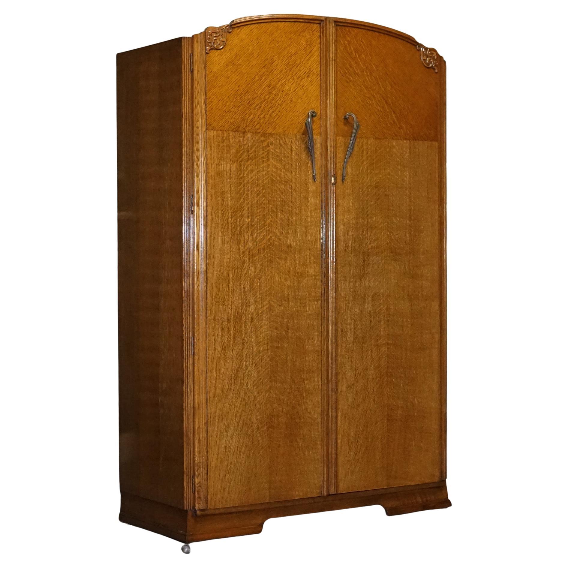 Large Vintage Art Deco Oak Two Door Wardrobe For Sale