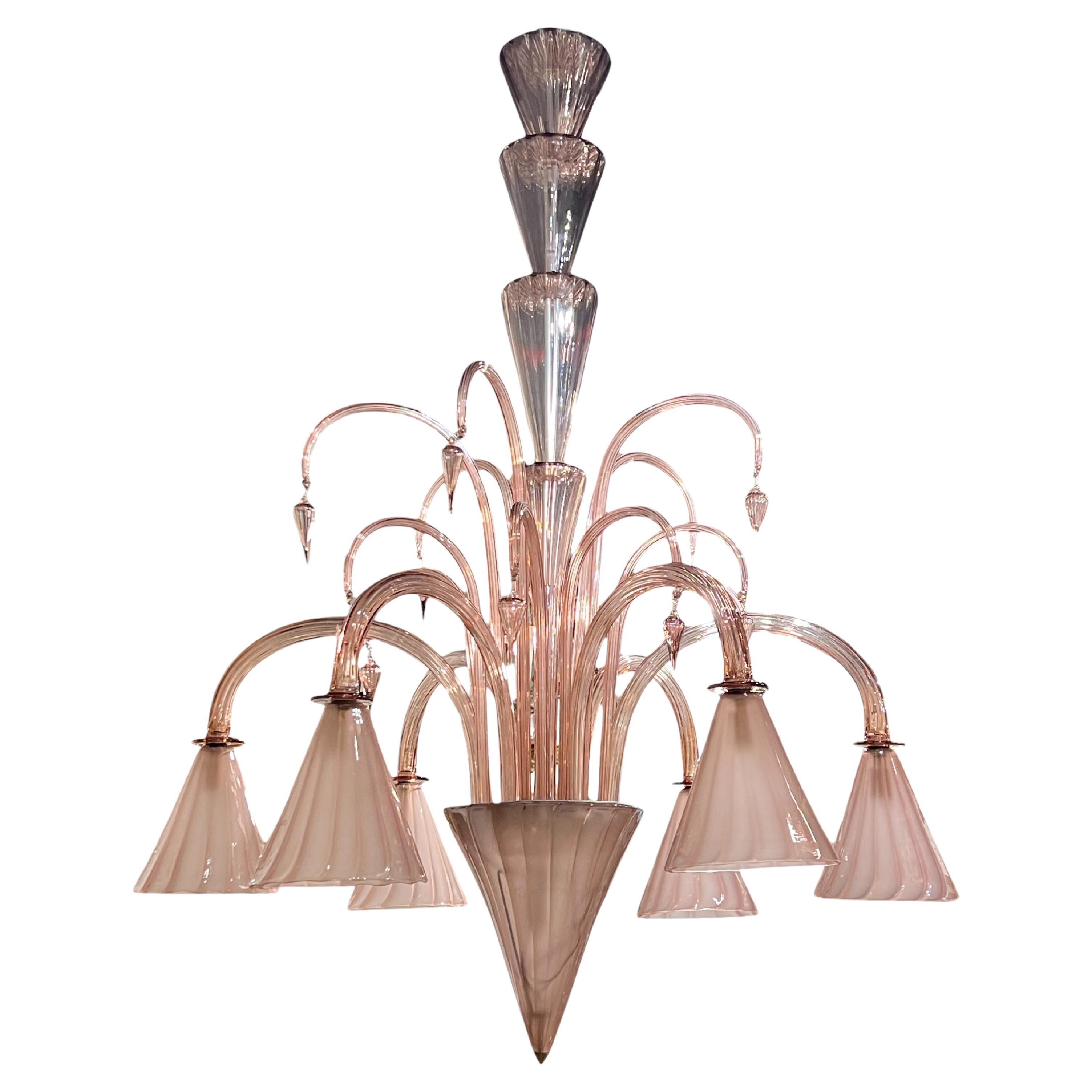 Large Vintage Art Deco style Murano Glass Chandelier in Cipria Pink