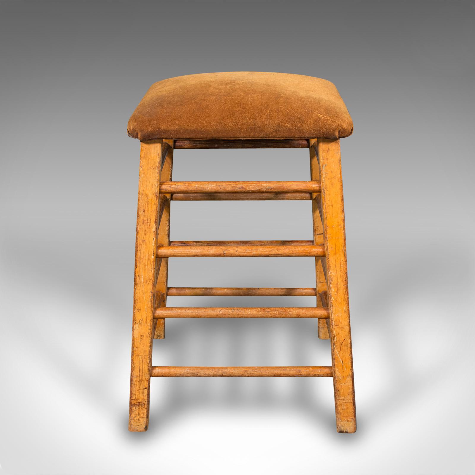 British Large Vintage Artist's Stool, English, Pitch Pine, Suede, Gym, Lab Seat, C.1960 For Sale