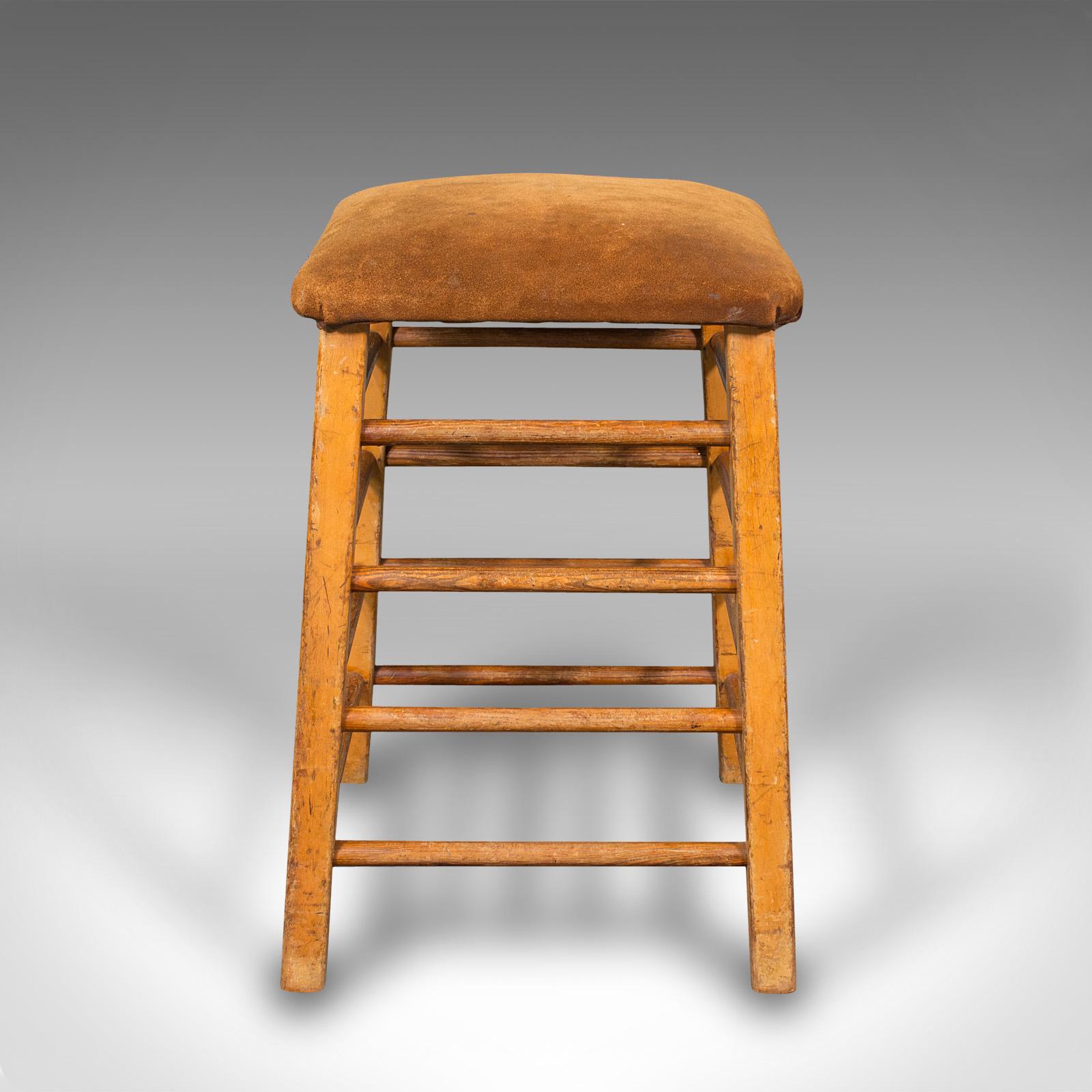 20th Century Large Vintage Artist's Stool, English, Pitch Pine, Suede, Gym, Lab Seat, C.1960 For Sale