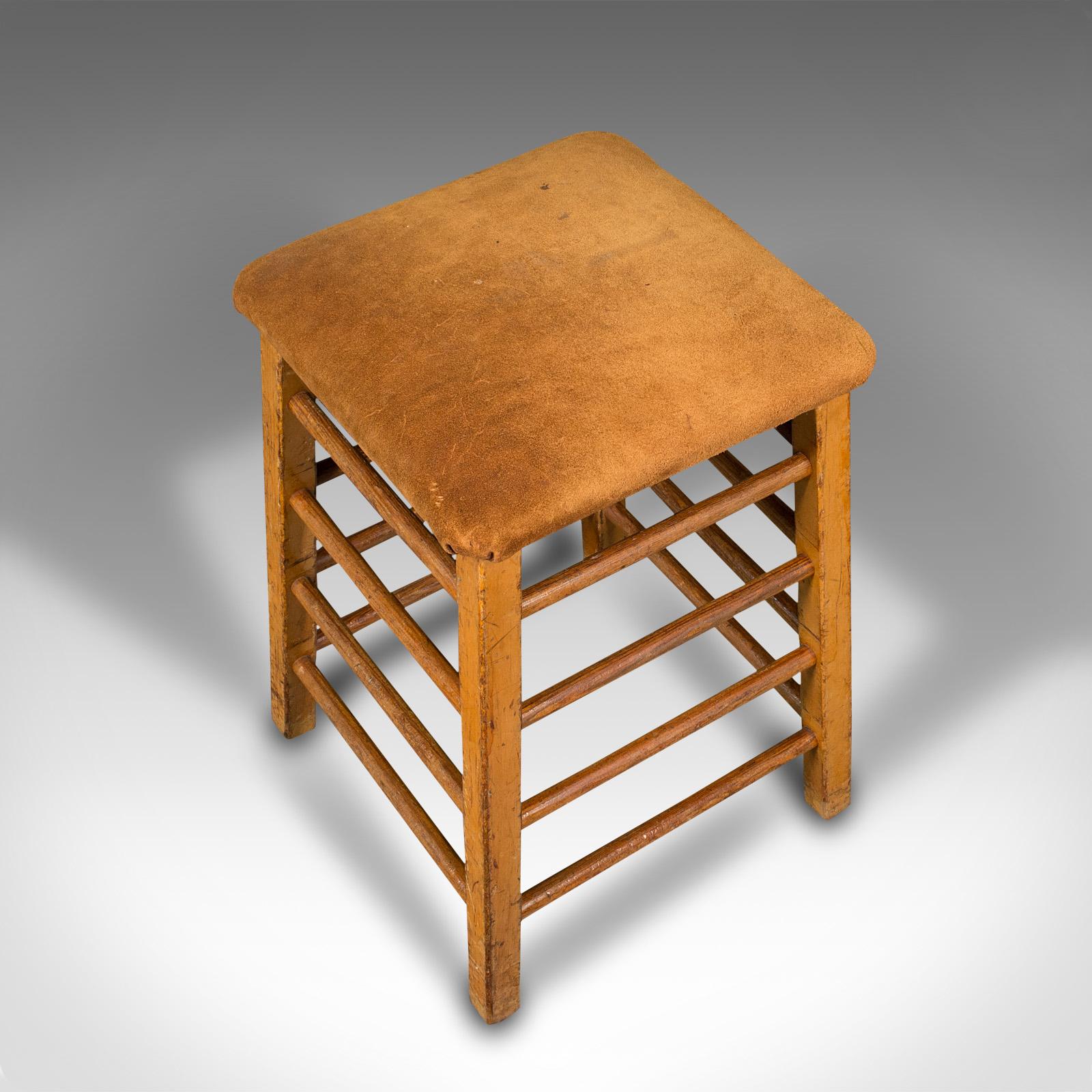 Large Vintage Artist's Stool, English, Pitch Pine, Suede, Gym, Lab Seat, C.1960 For Sale 1