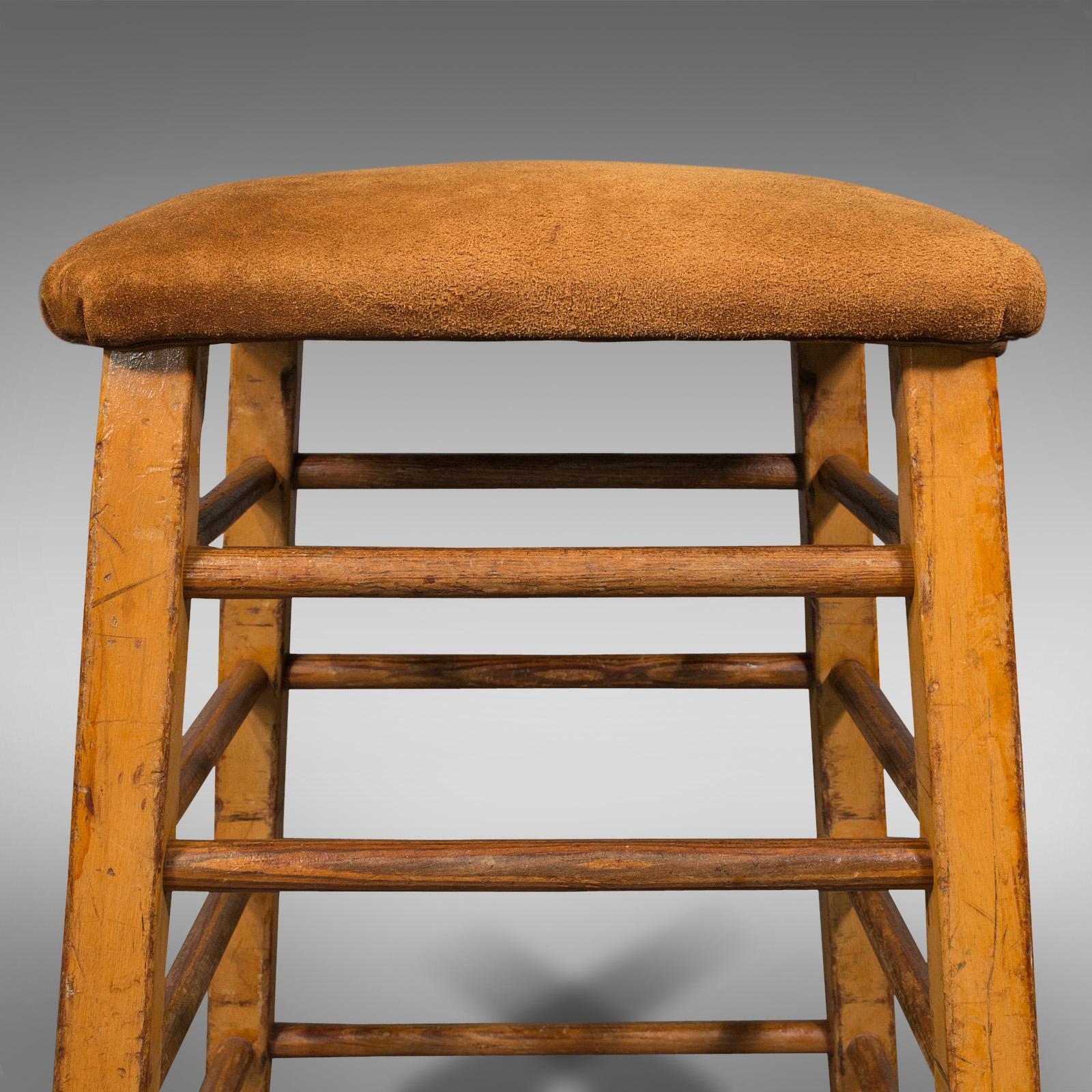 Large Vintage Artist's Stool, English, Pitch Pine, Suede, Gym, Lab Seat, C.1960 For Sale 3