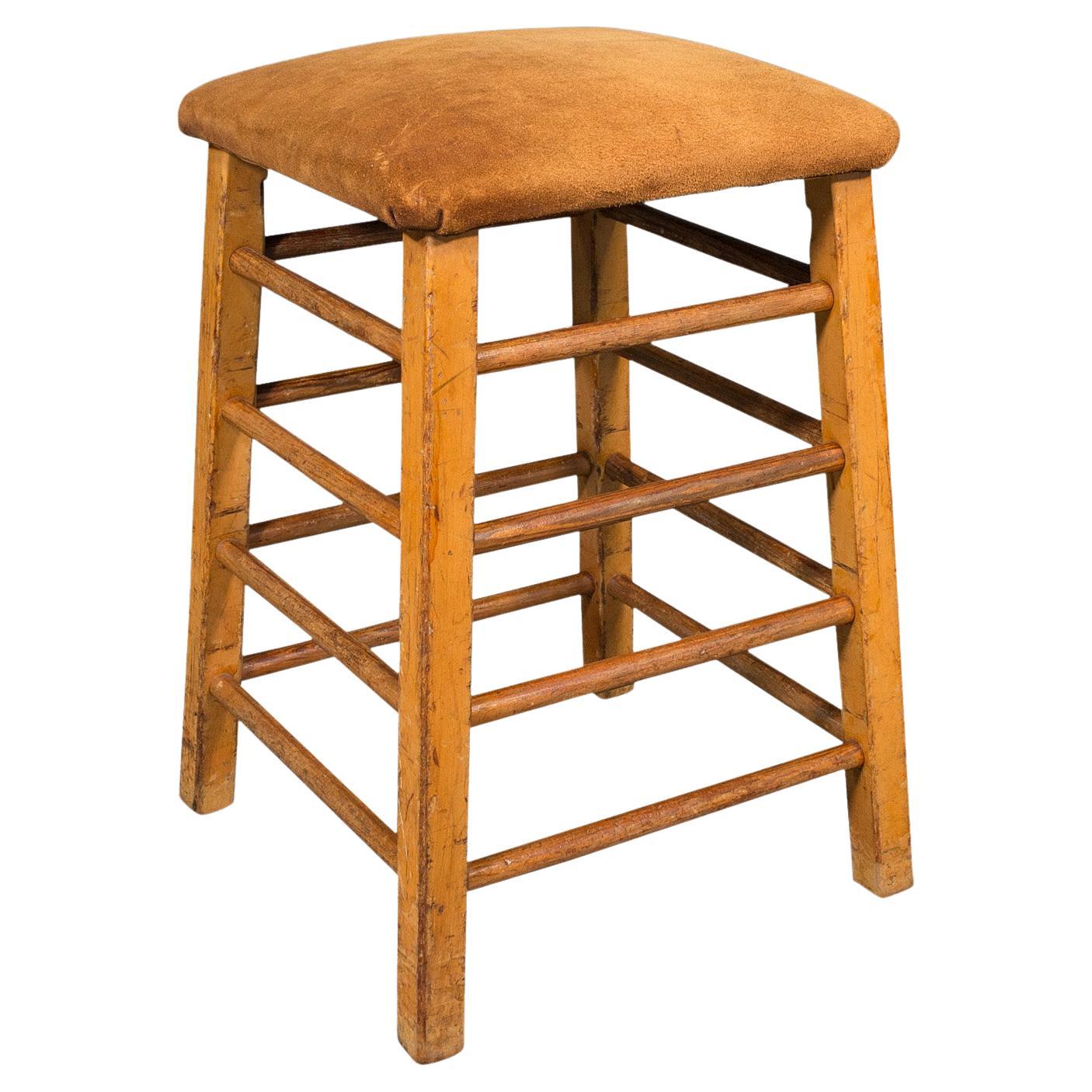 Large Vintage Artist's Stool, English, Pitch Pine, Suede, Gym, Lab Seat, C.1960 For Sale