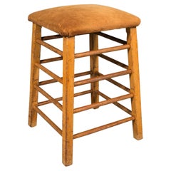 Large Used Artist's Stool, English, Pitch Pine, Suede, Gym, Lab Seat, C.1960