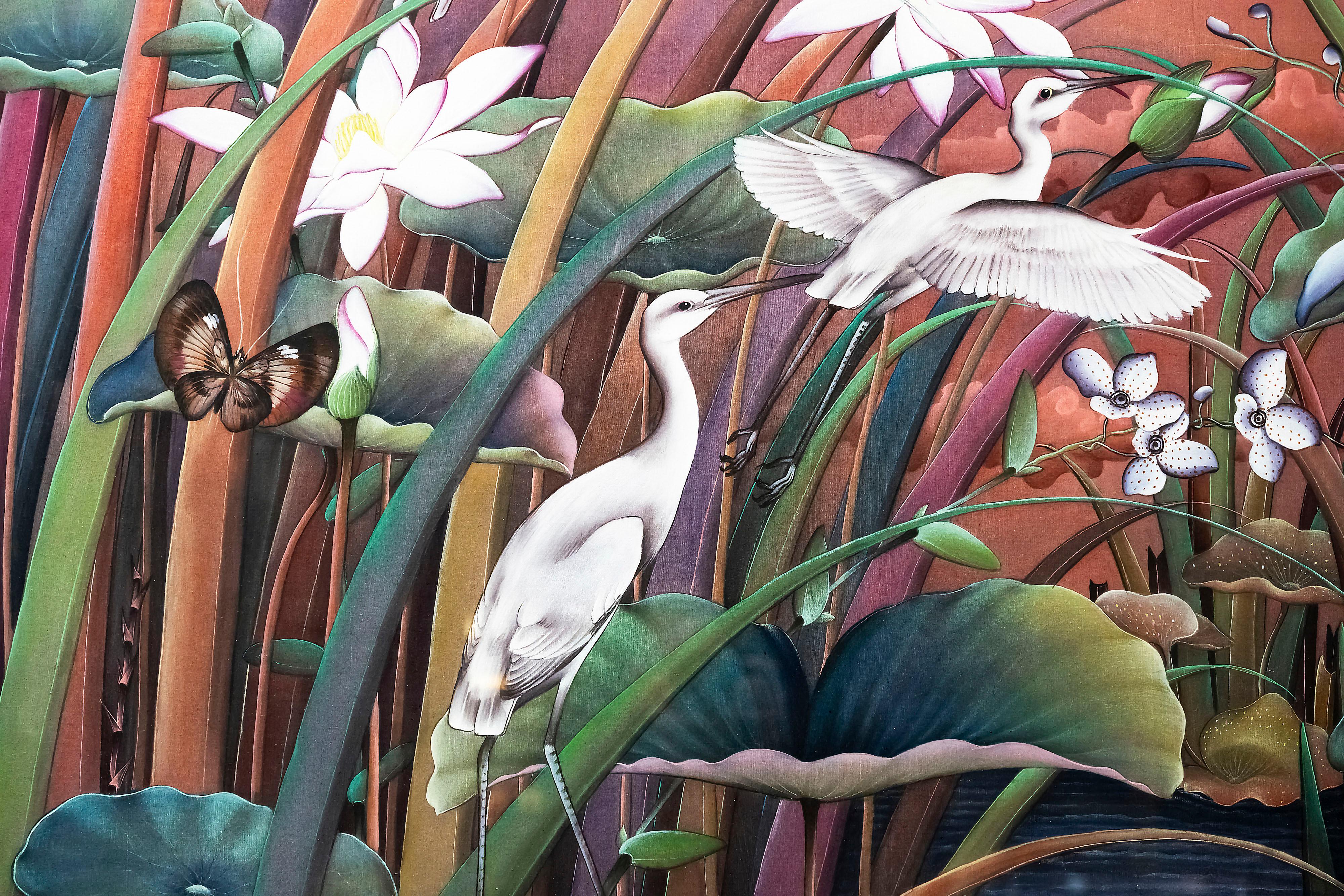 Grande peinture d'art balinais à l'huile sur tissu avec fleurs et oiseaux.
Cadre en bois laqué vert.
Signé par l'auteur : J.Wikarma '90.
Très bon/excellent état vintage.

 