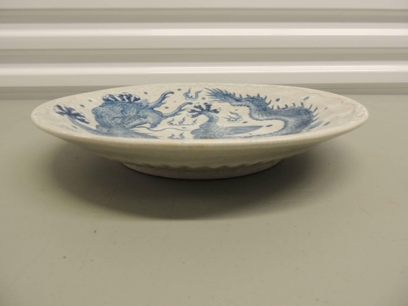Vintage large Asian crackle wear blue dragon ceramic serving bowl.  In the style of Chinese export porcelain.  Chinese export porcelain includes a wide range of Chinese porcelain that was made exclusively for export to Europe and later to North