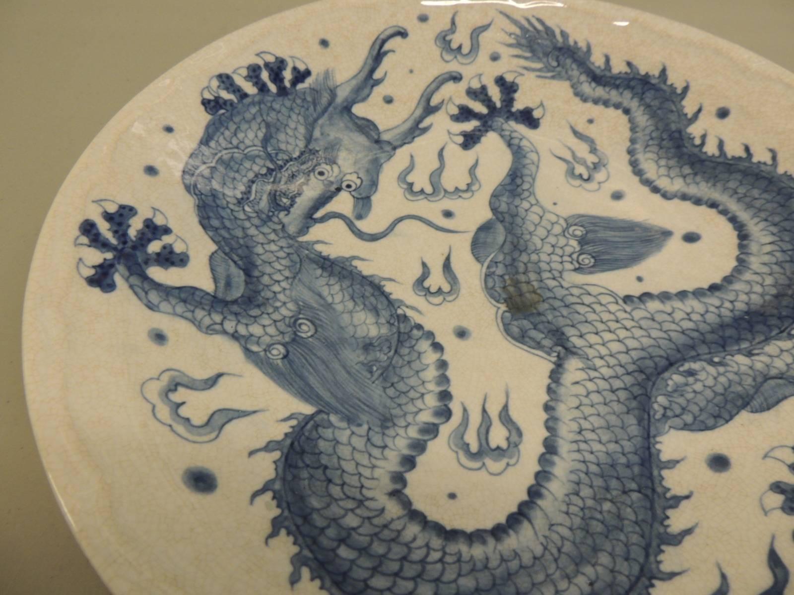 Chinese Export Large Vintage Asian Crackle Wear Blue and White Dragon Ceramic Serving Bowl