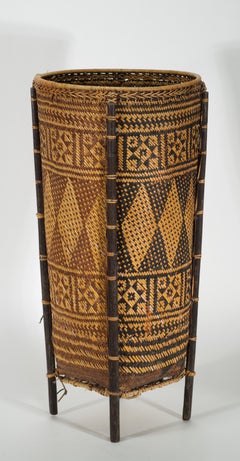 Large Vintage Asian Wood and Bamboo Basket Tribal Decor