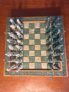 Large Vintage Aztecs vs Conquistadors Stone, Resin, and Wood Chess Set