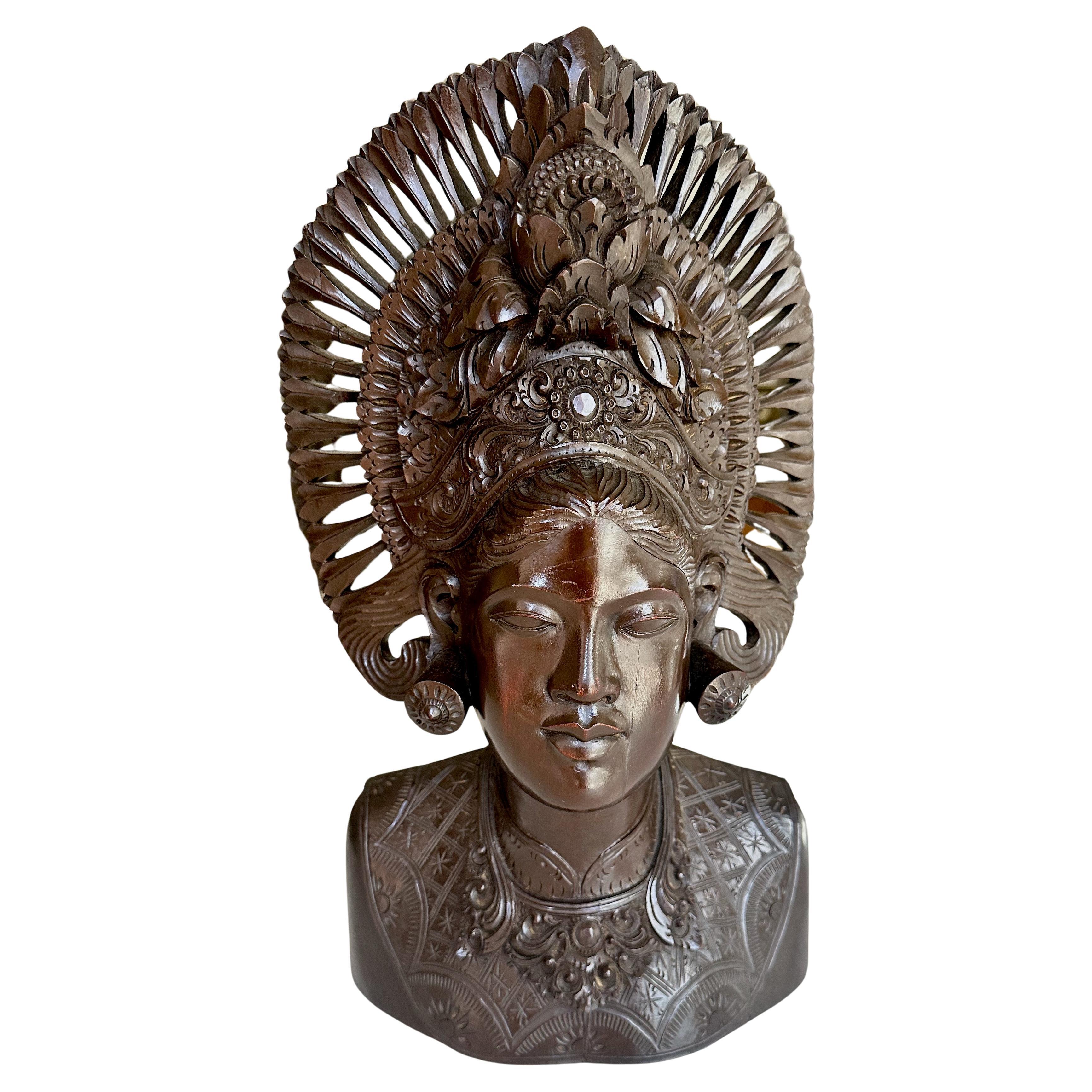 Large Vintage Bali Indonesian Hand Carved Wood Woman