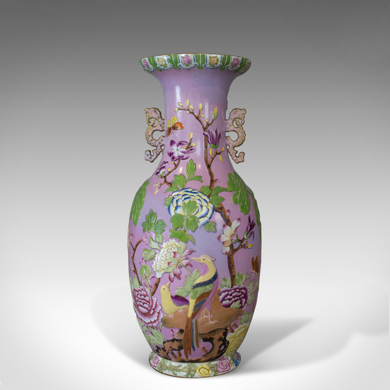 Chinese Export Large Vintage Baluster Vase, Oriental, Ceramic, Urn, Birds, Floral Foliate