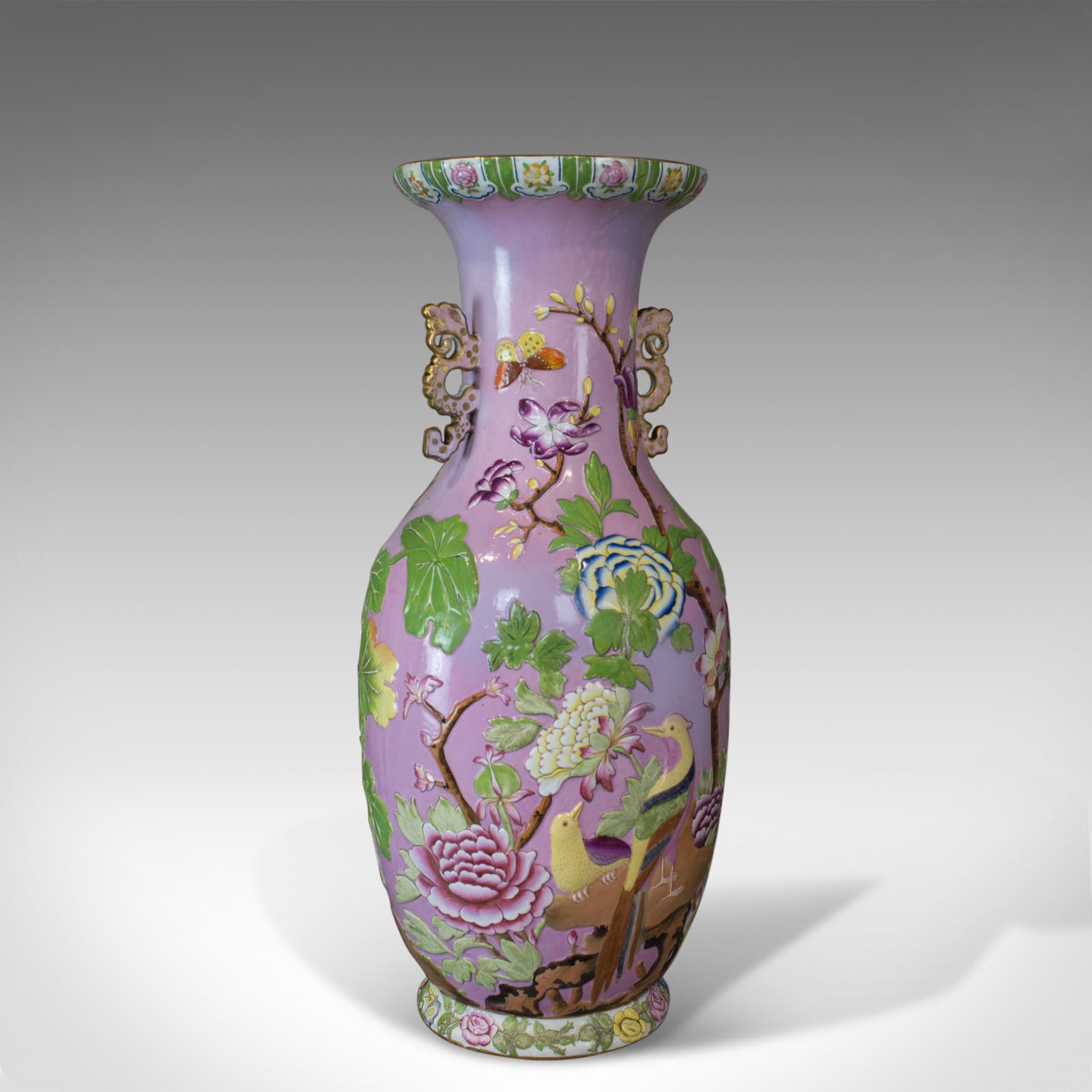 Asian Large Vintage Baluster Vase, Oriental, Ceramic, Urn, Birds, Floral Foliate