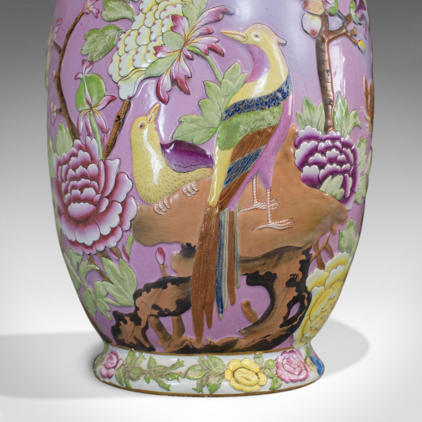 Large Vintage Baluster Vase, Oriental, Ceramic, Urn, Birds, Floral Foliate In Good Condition In Hele, Devon, GB