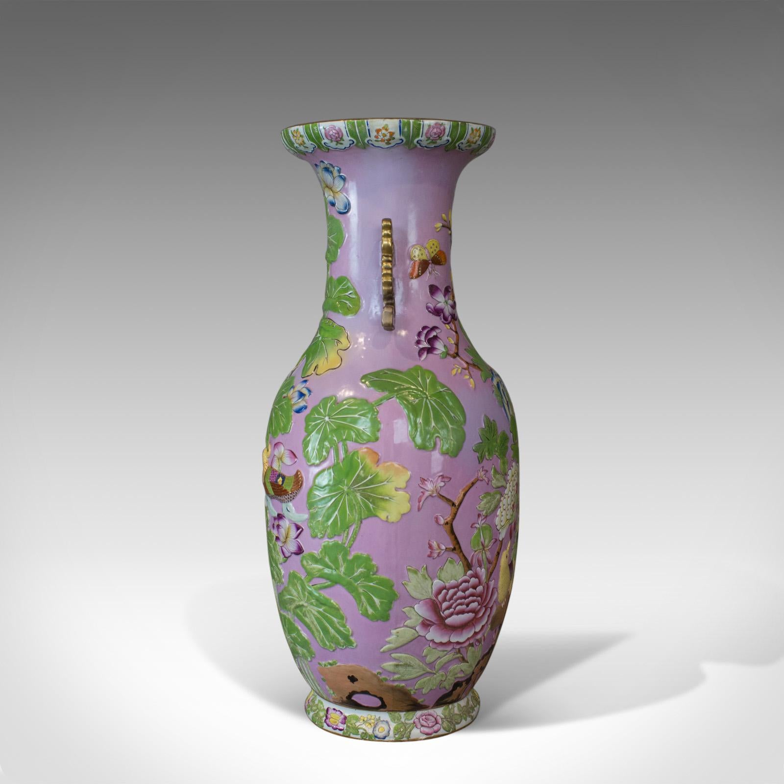 20th Century Large Vintage Baluster Vase, Oriental, Ceramic, Urn, Birds, Floral Foliate