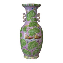 Large Vintage Baluster Vase, Oriental, Ceramic, Urn, Birds, Floral Foliate