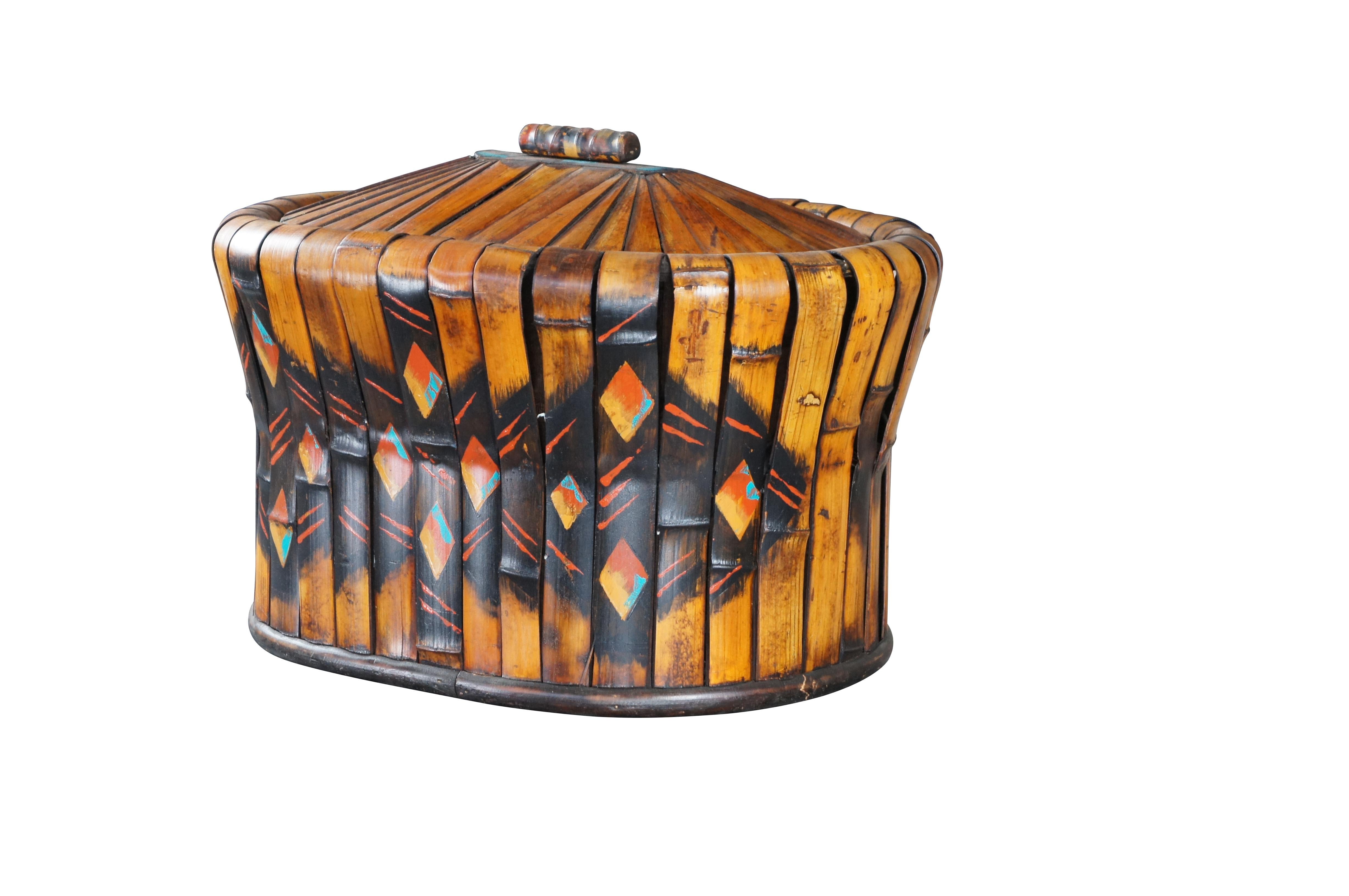 Intriguing modern bamboo case or basket. Features a decorated bamboo wrapped exterior and lid. Great for display or use.

Dimensions:
20.5