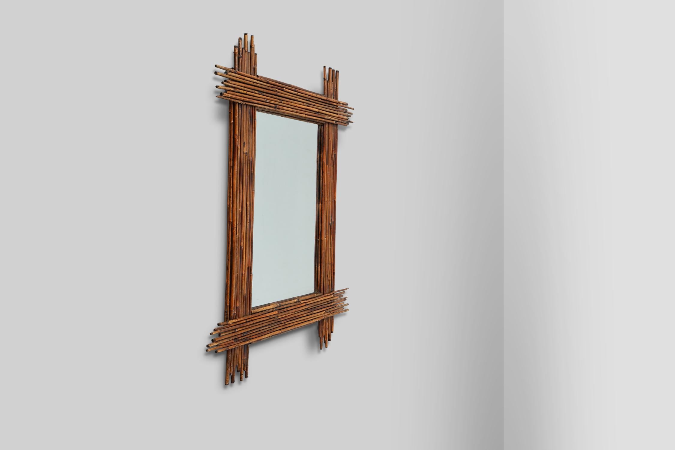 Grand miroir vintage en bambou avec miroir biseauté, France 1960s en vente 1